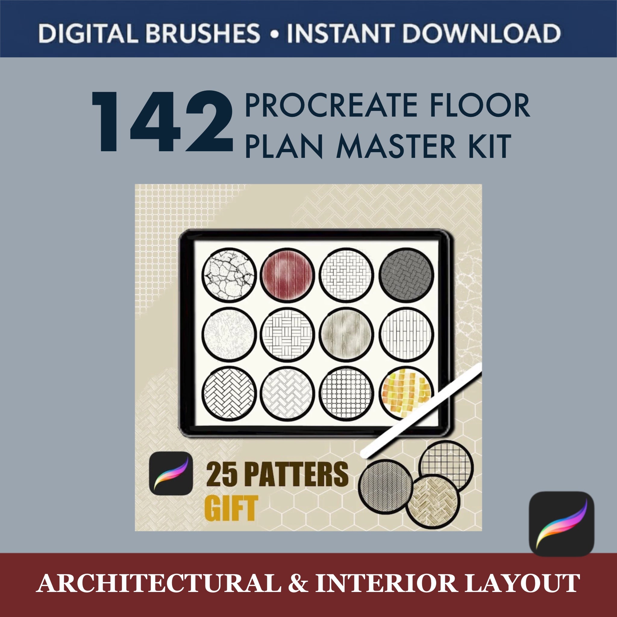 Floor Plan & Structural Stamps: Essential stamps for building elements, doors, windows, and technical construction symbols.