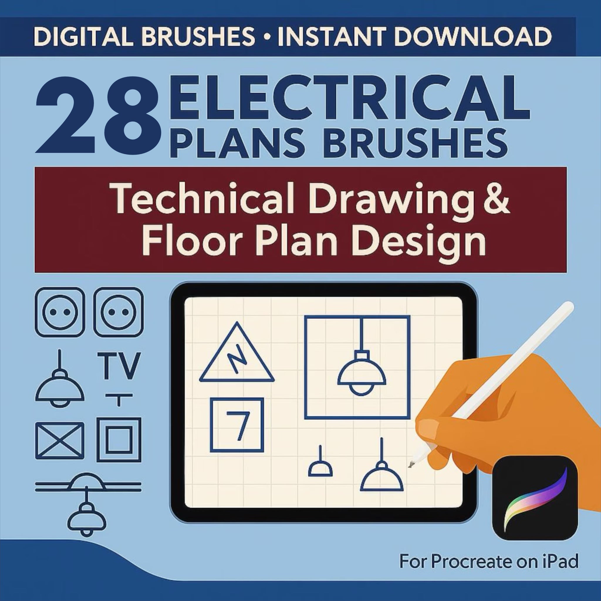 28 Procreate stamps for electrical circuits: outlets, switches, lighting. Ideal for architectural plans and technical drawing on iPad/iPhone.
