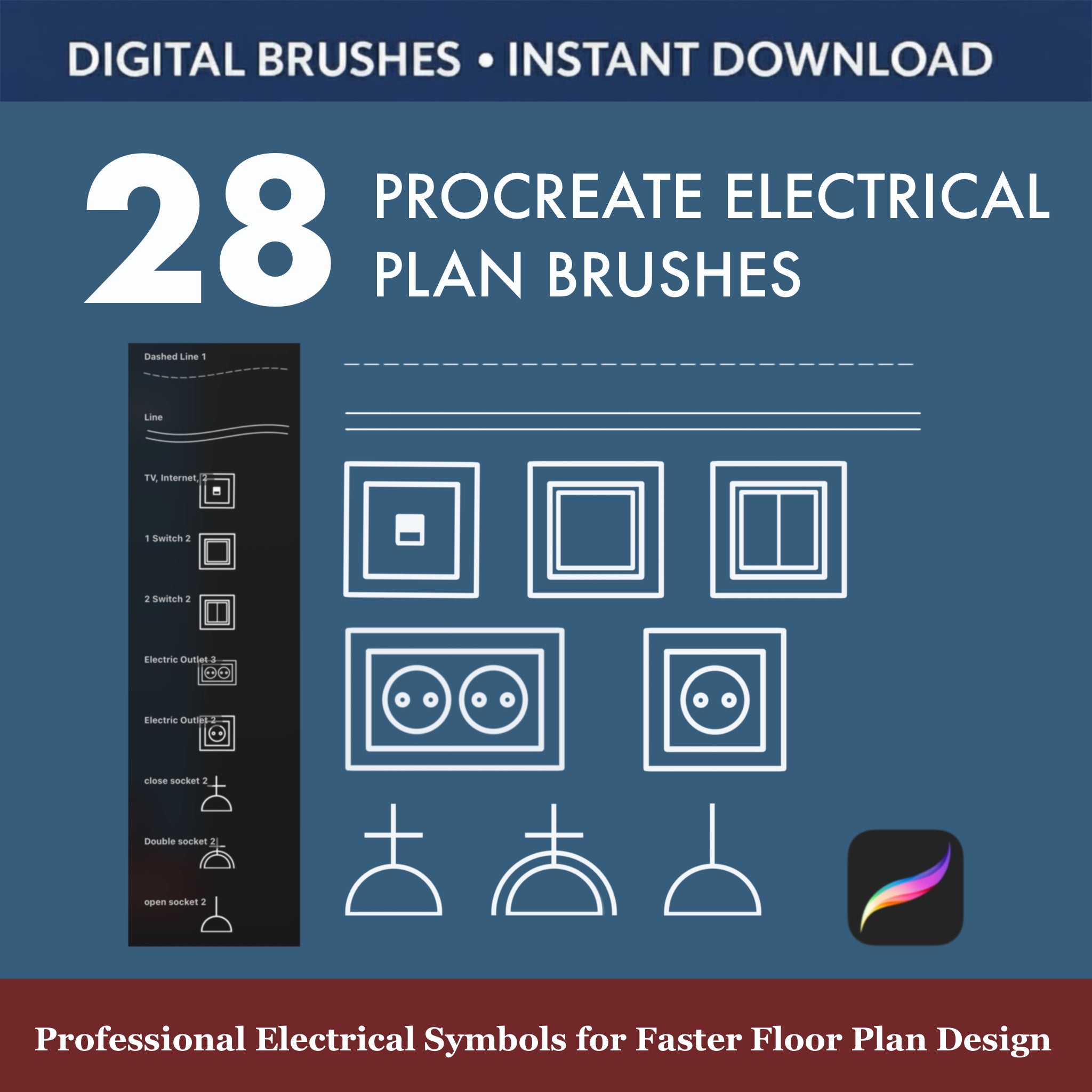 28 PROCREATE ELECTRICAL PLAN BRUSHES: ARCHITECTURAL & TECHNICAL SYMBOLS