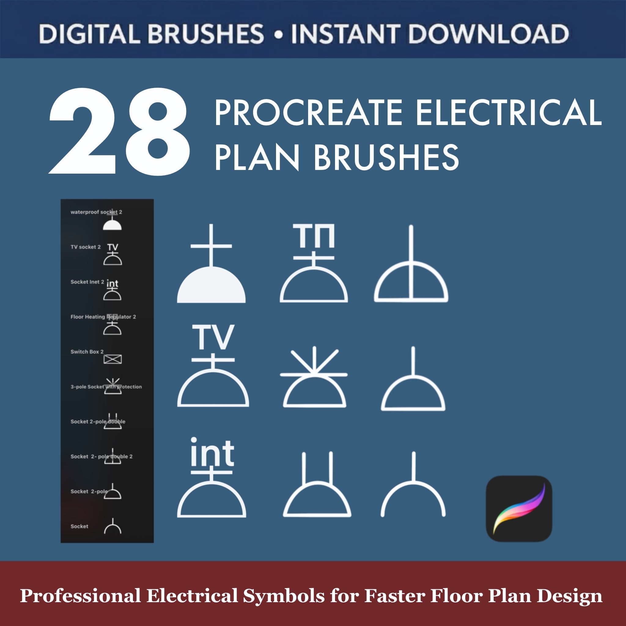 Instantly streamline your drafting process with this essential set of 28 Procreate Electrical Plan Brushes & Stamps.