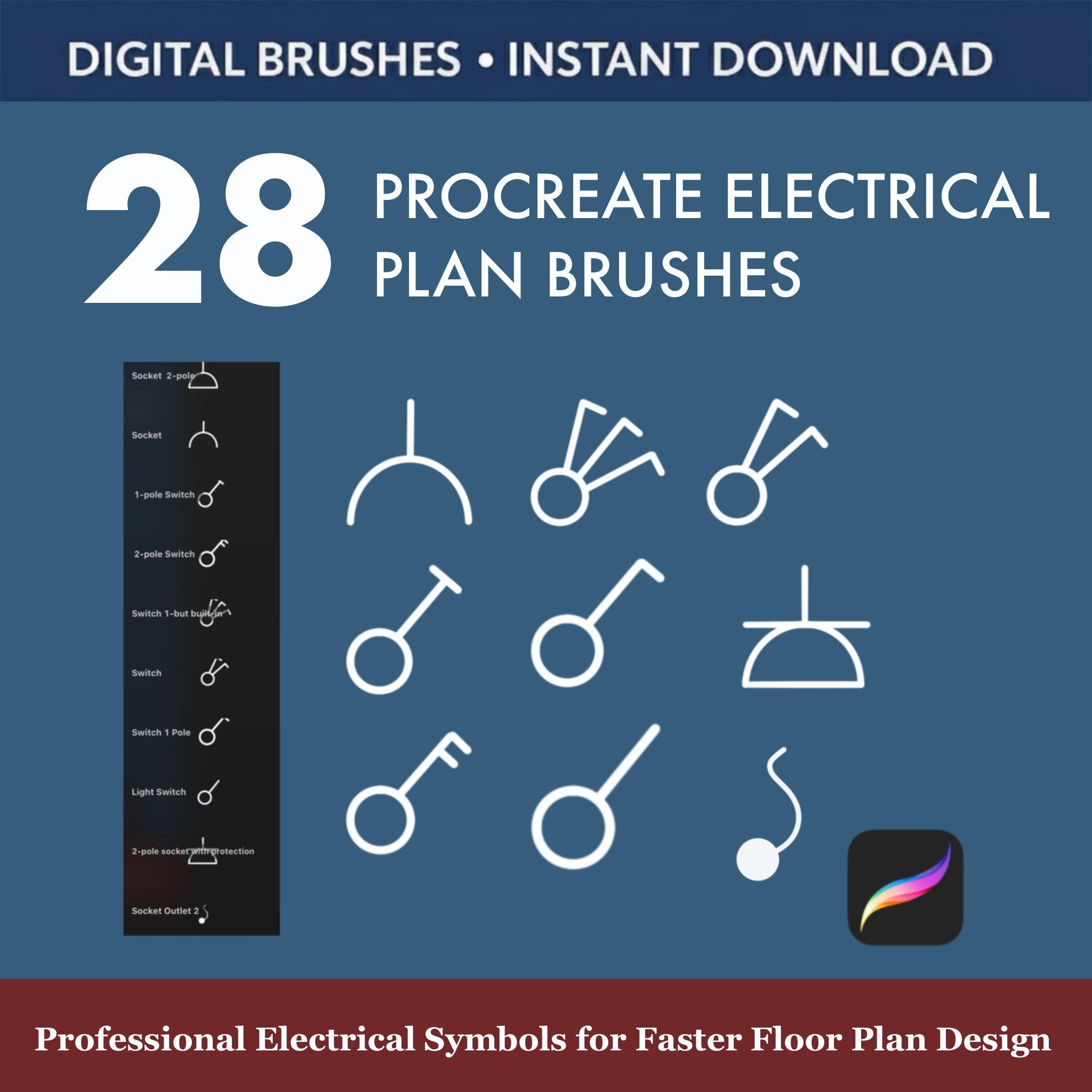 28 Procreate Electrical Plan Brushes & Stamps. Designed specifically for architects, interior designers, and technical drafters, this collection provides standard, clean, top-down symbols for quickly annotating floor plans and technical drawings directly on your iPad.