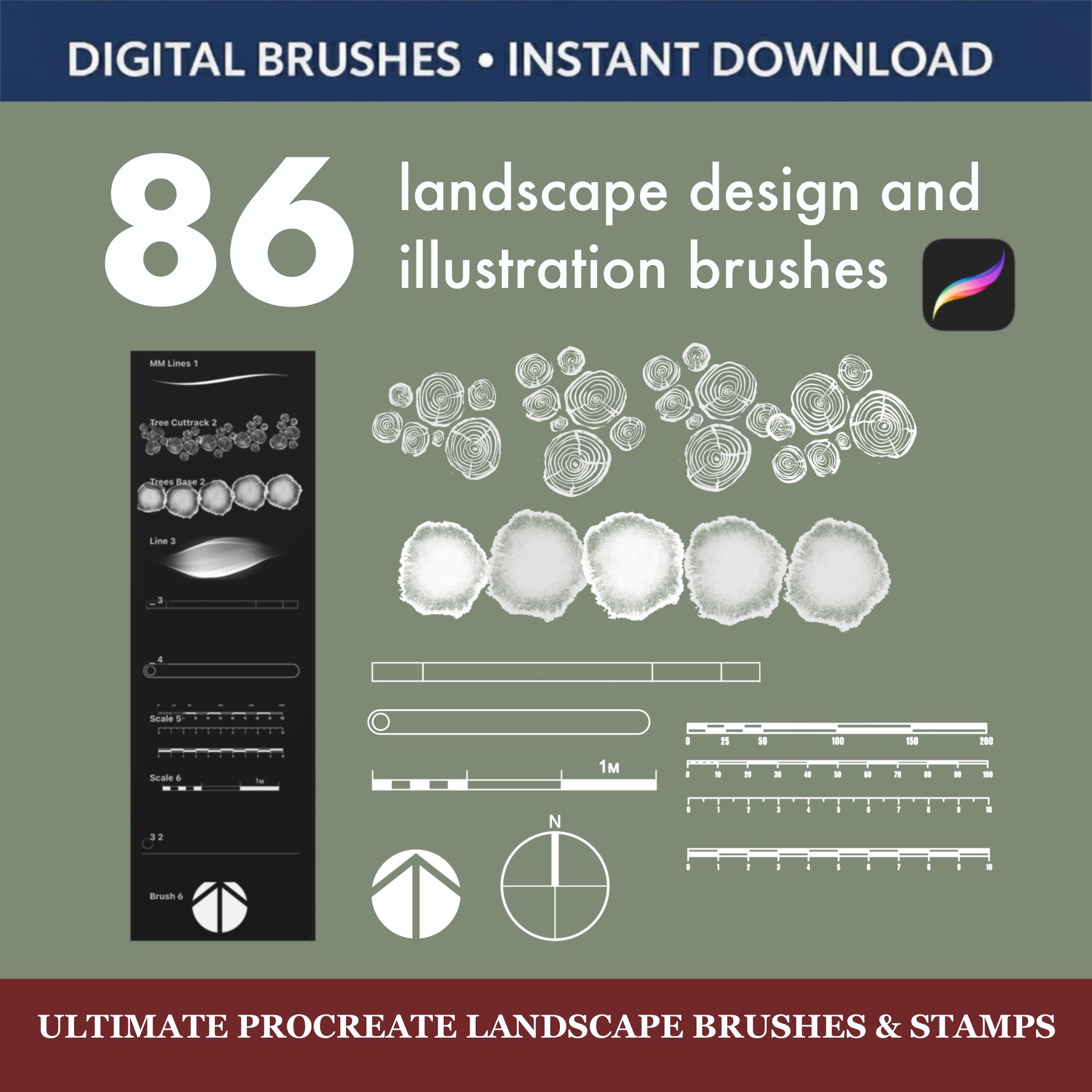 86 Ultimate Procreate Landscape Brushes: digital brushes for landscape design and illustration in Procreate, instant download.