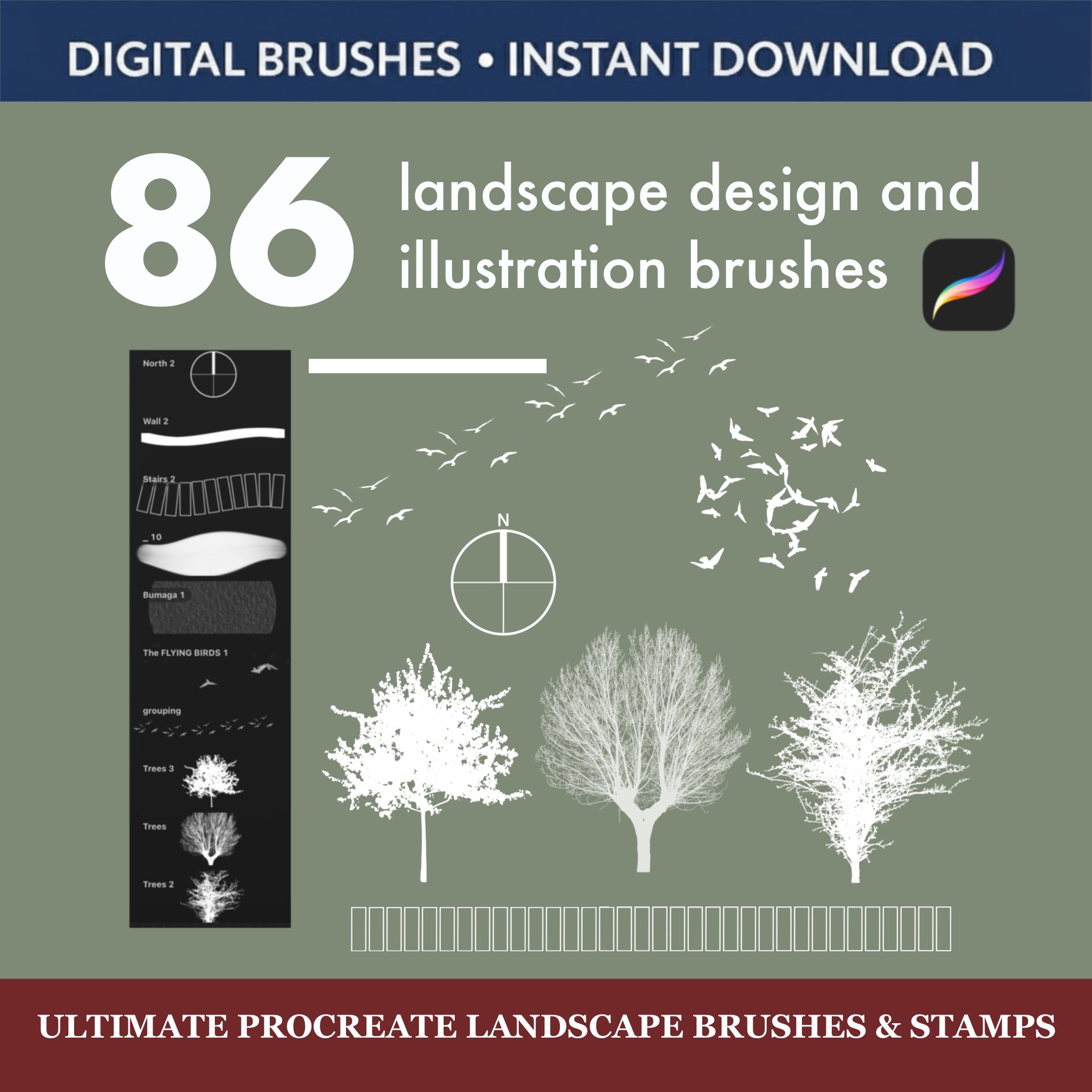 86 Ultimate Procreate Landscape Brushes & Stamps digital brush set for landscape design and illustration, instant download.