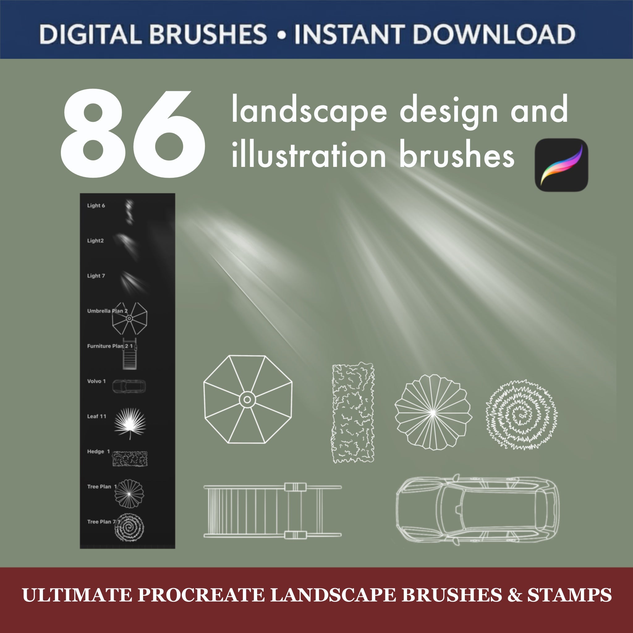 86 Ultimate Procreate Landscape Brushes showcasing design and illustration options for digital art. Instant download available.