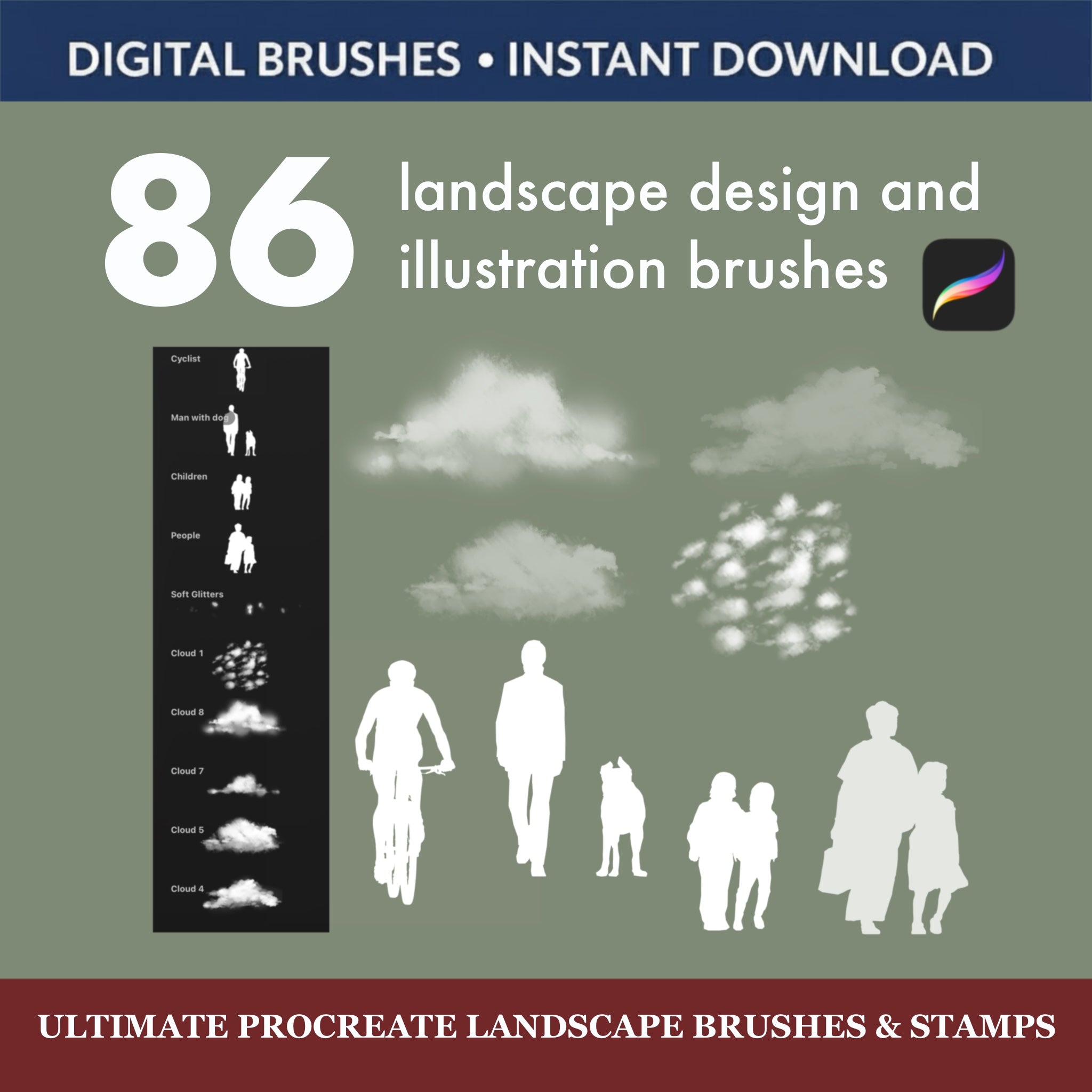 86 Ultimate Procreate Landscape Brushes for digital landscape design and illustration, featuring trees, clouds, and people silhouettes.