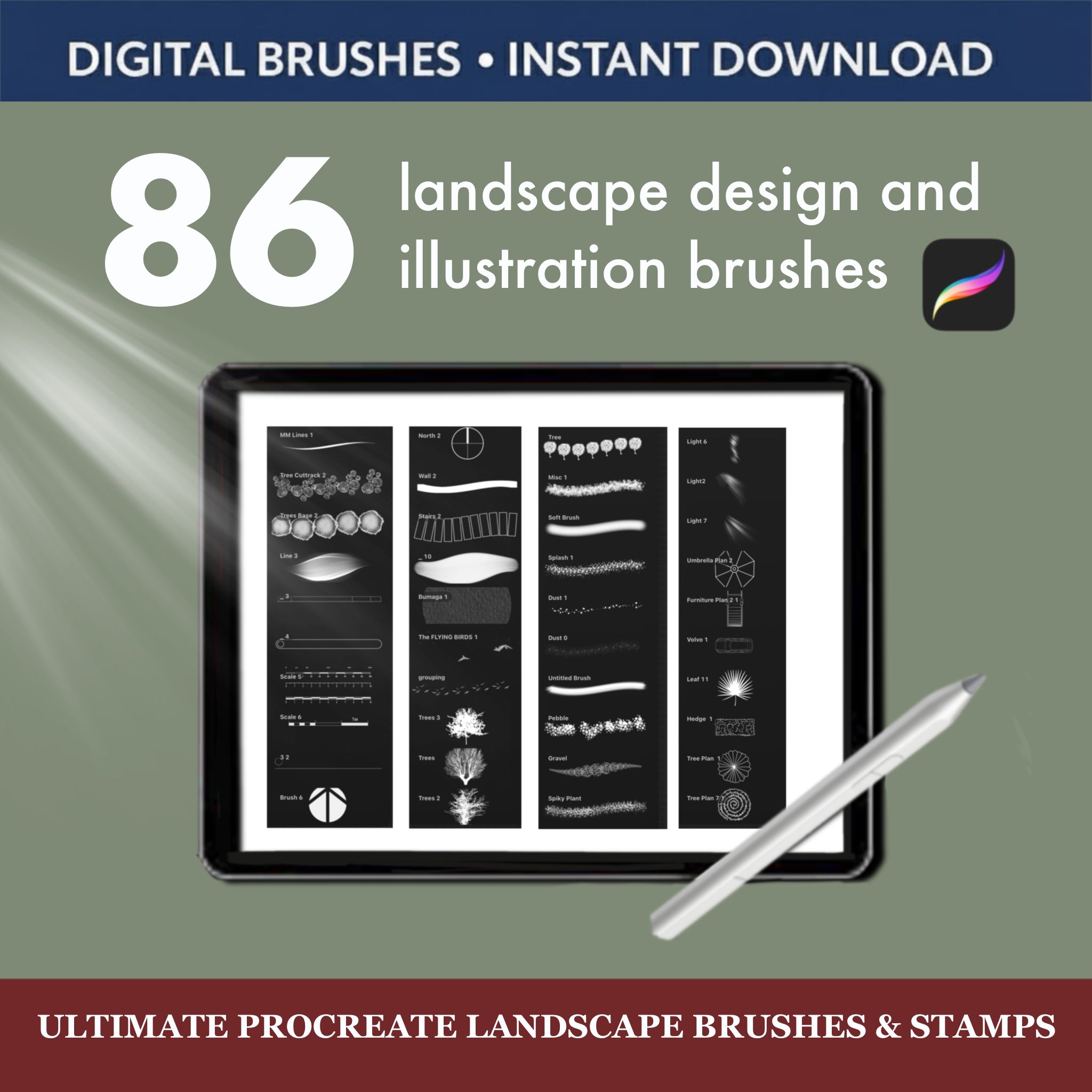 86 Ultimate Procreate Landscape Brushes displayed on a tablet, showcasing a variety of landscape design and illustration brushes.