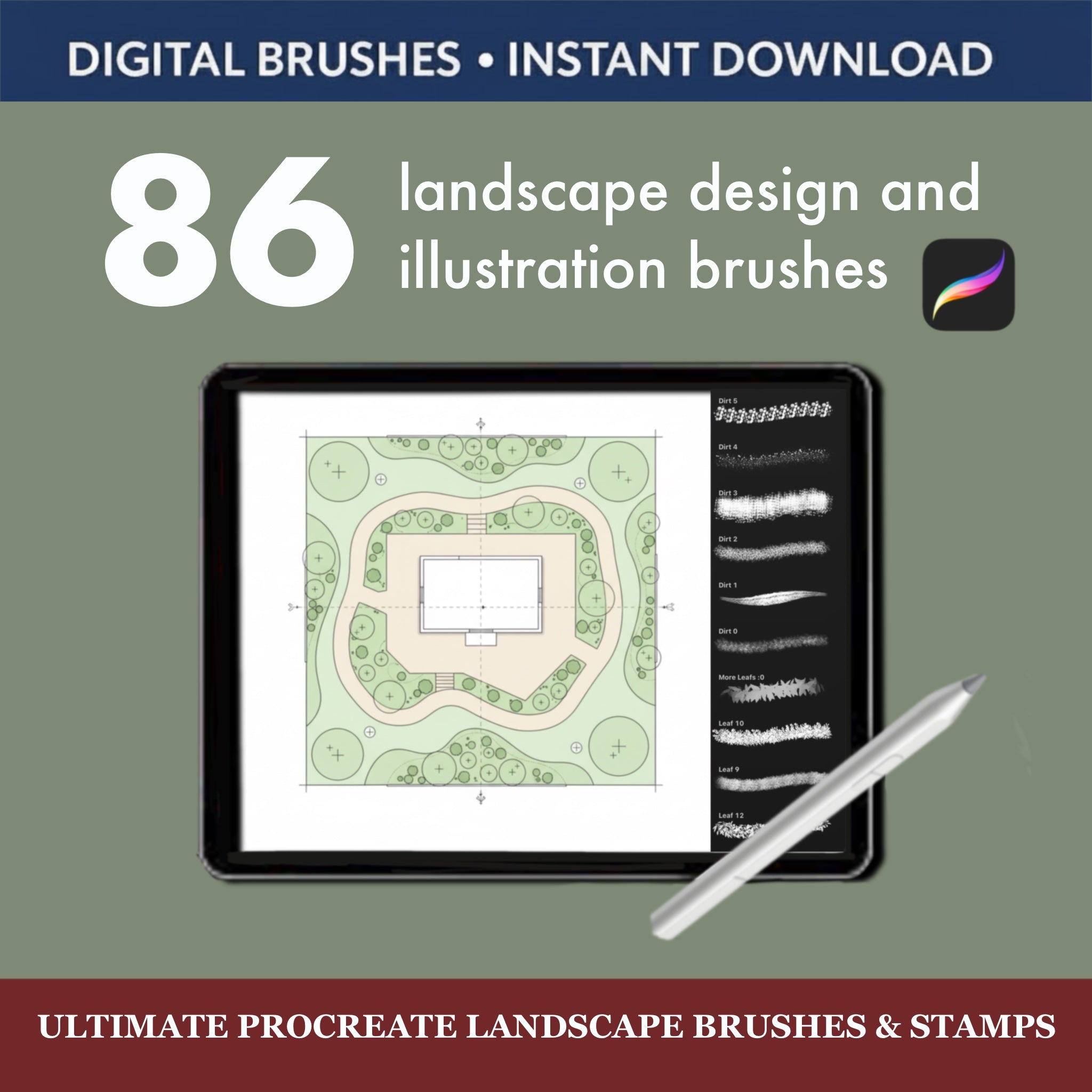 86 Ultimate Procreate Landscape Brushes showcase on tablet with design elements and digital brush options.