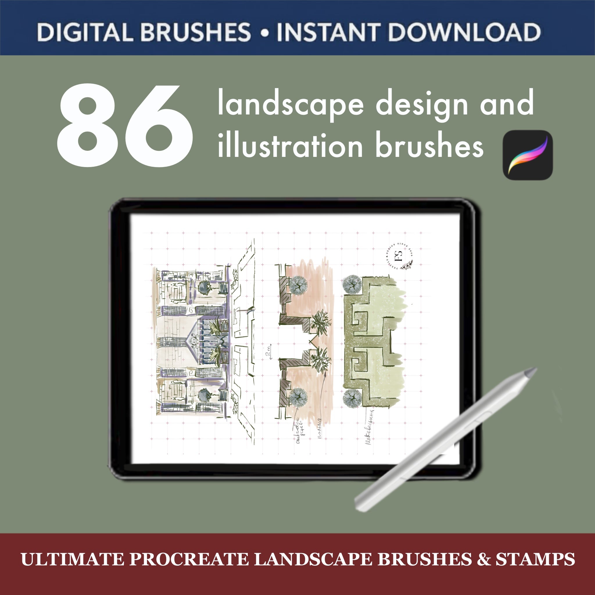 86 Ultimate Procreate Landscape Brushes & Stamps showcased on a digital tablet with illustration sketch.