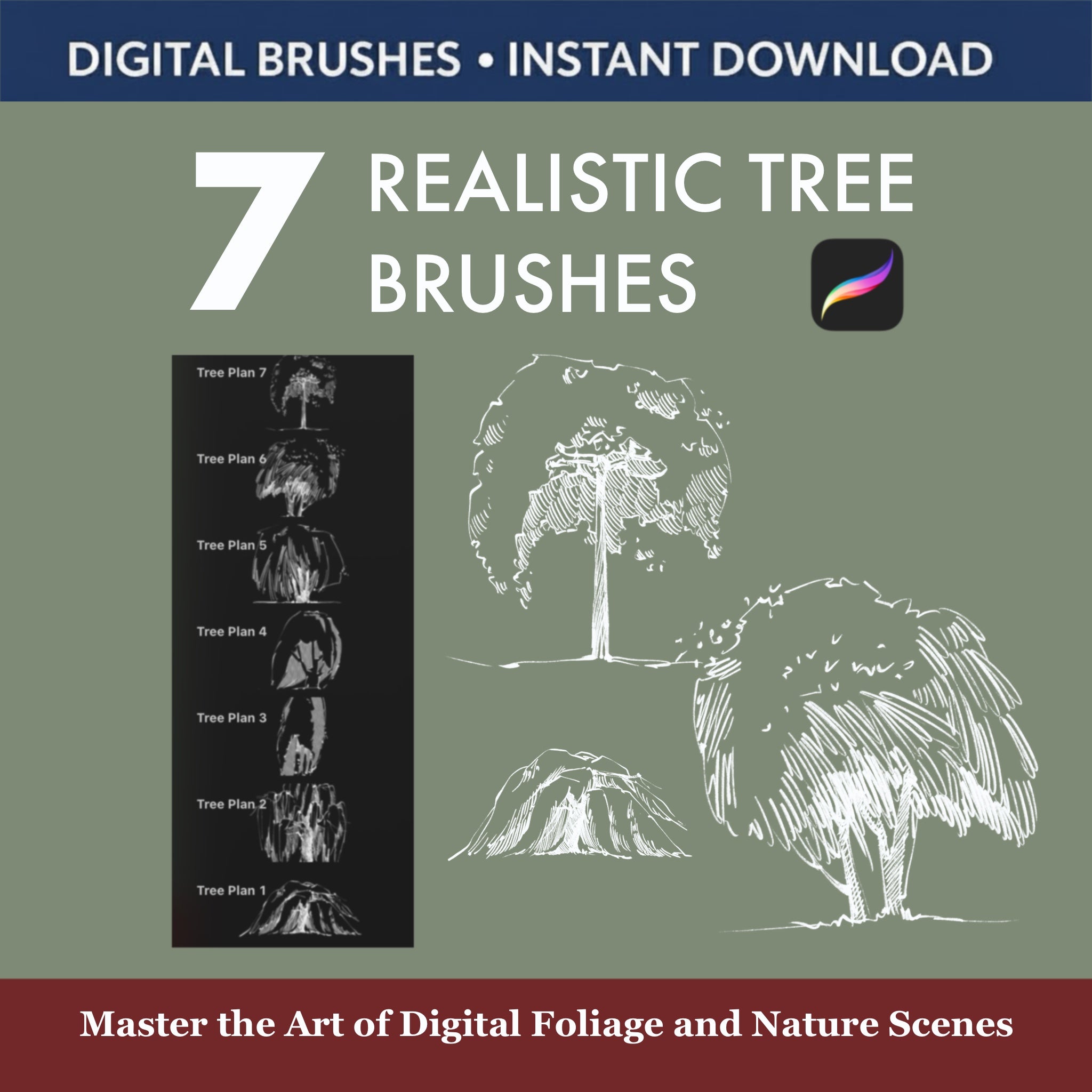 7 Realistic Tree Brushes & Stamps for Procreate - Digital brushes for landscapes and foliage designs.