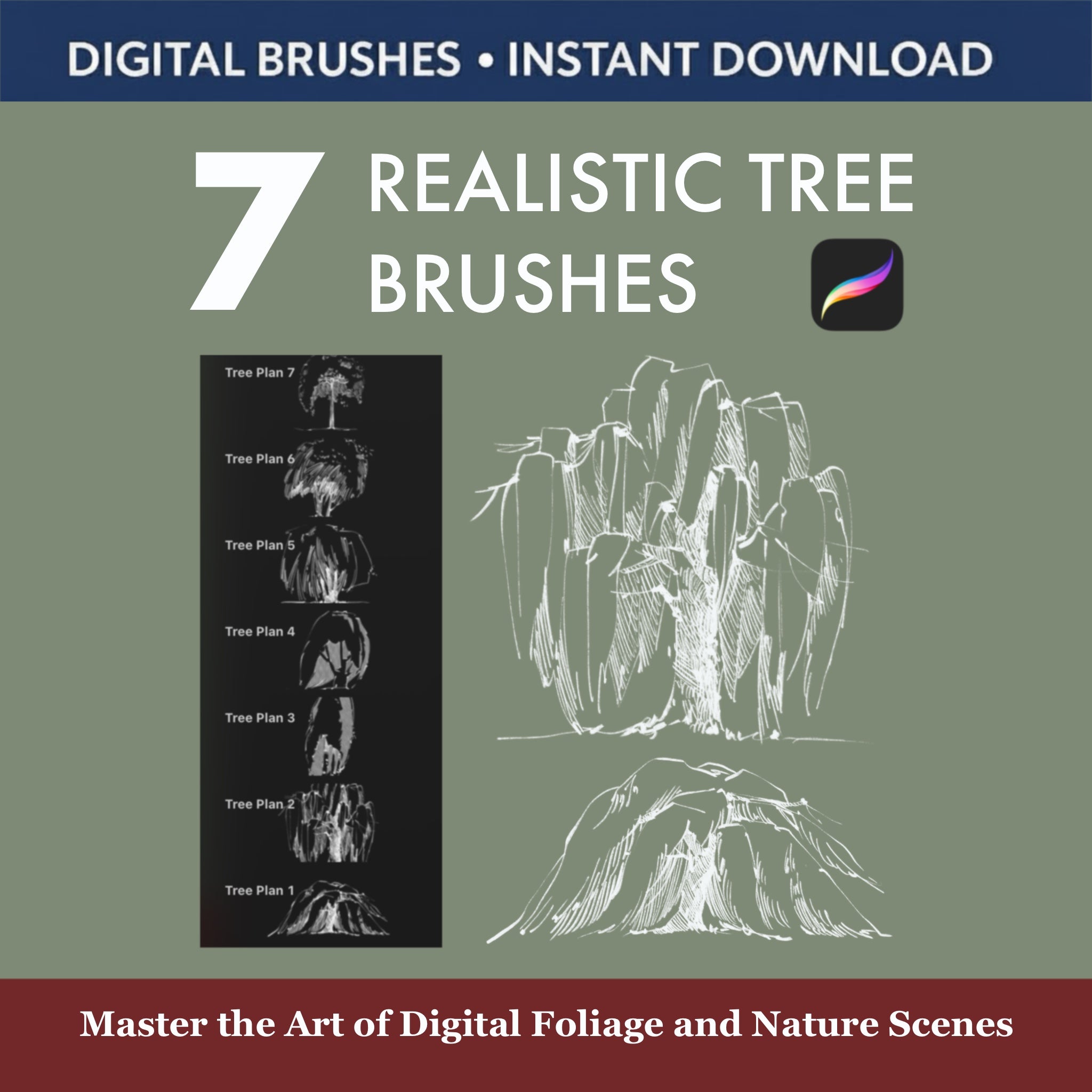 7 Realistic Tree Brushes & Stamps for Procreate showcasing various digital tree designs and Procreate app logo.