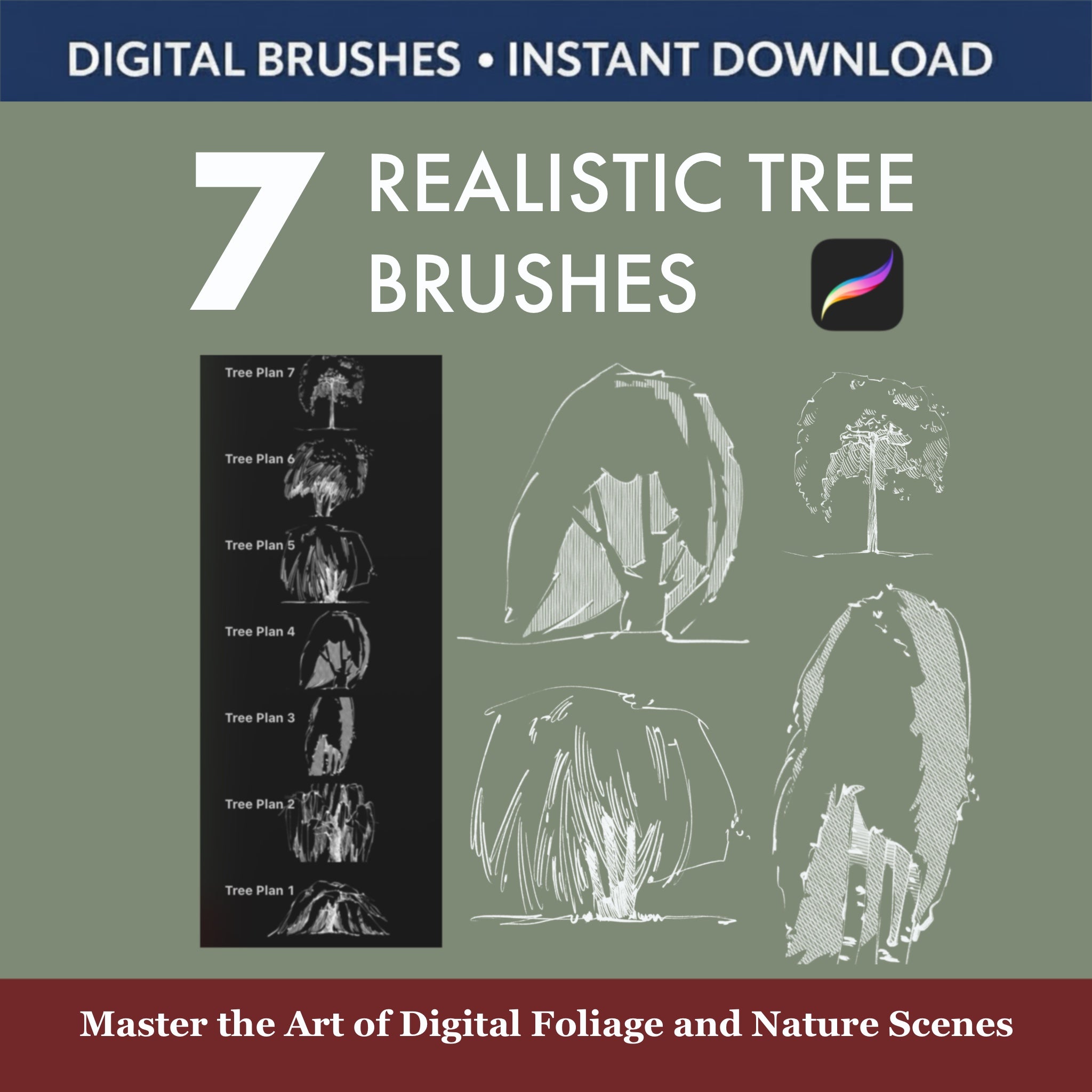 7 Realistic Tree Brushes & Stamps for Procreate - Digital brushes for enhancing landscape art.