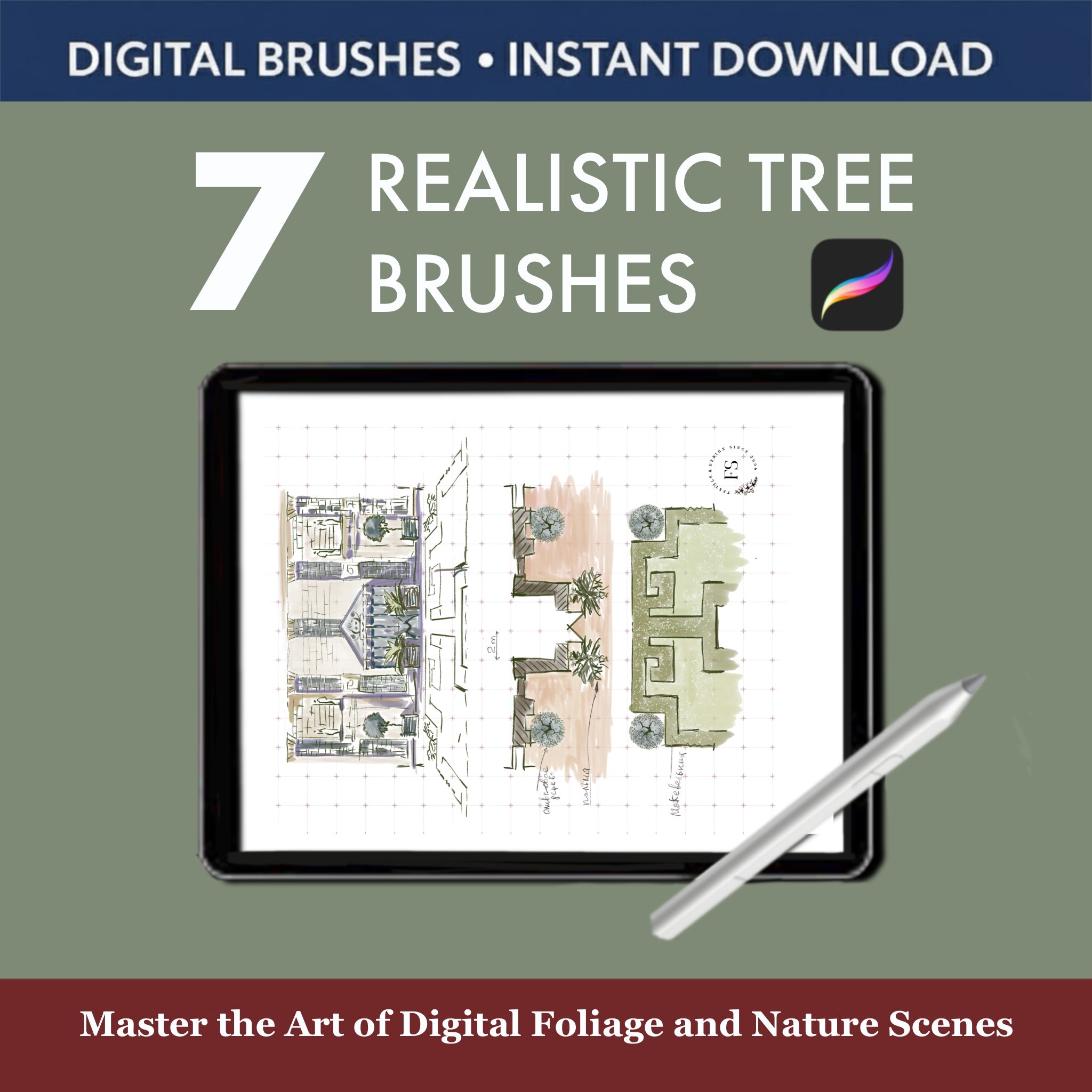 7 Realistic Tree Brushes & Stamps for Procreate showcased on a tablet with a pencil, ideal for digital artwork.