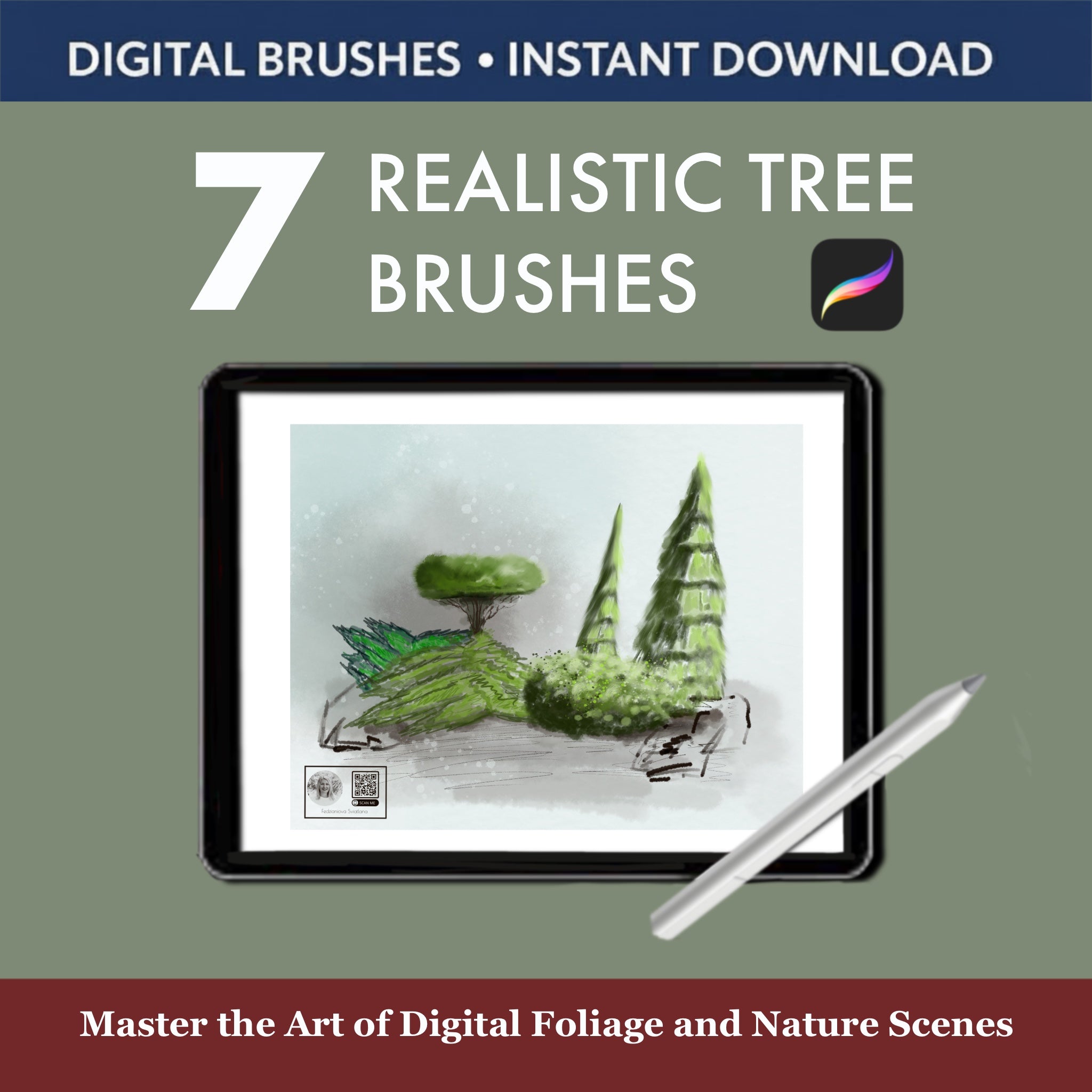7 Realistic Tree Brushes & Stamps for Procreate displayed on a tablet with a stylus, featuring digital landscape artwork.