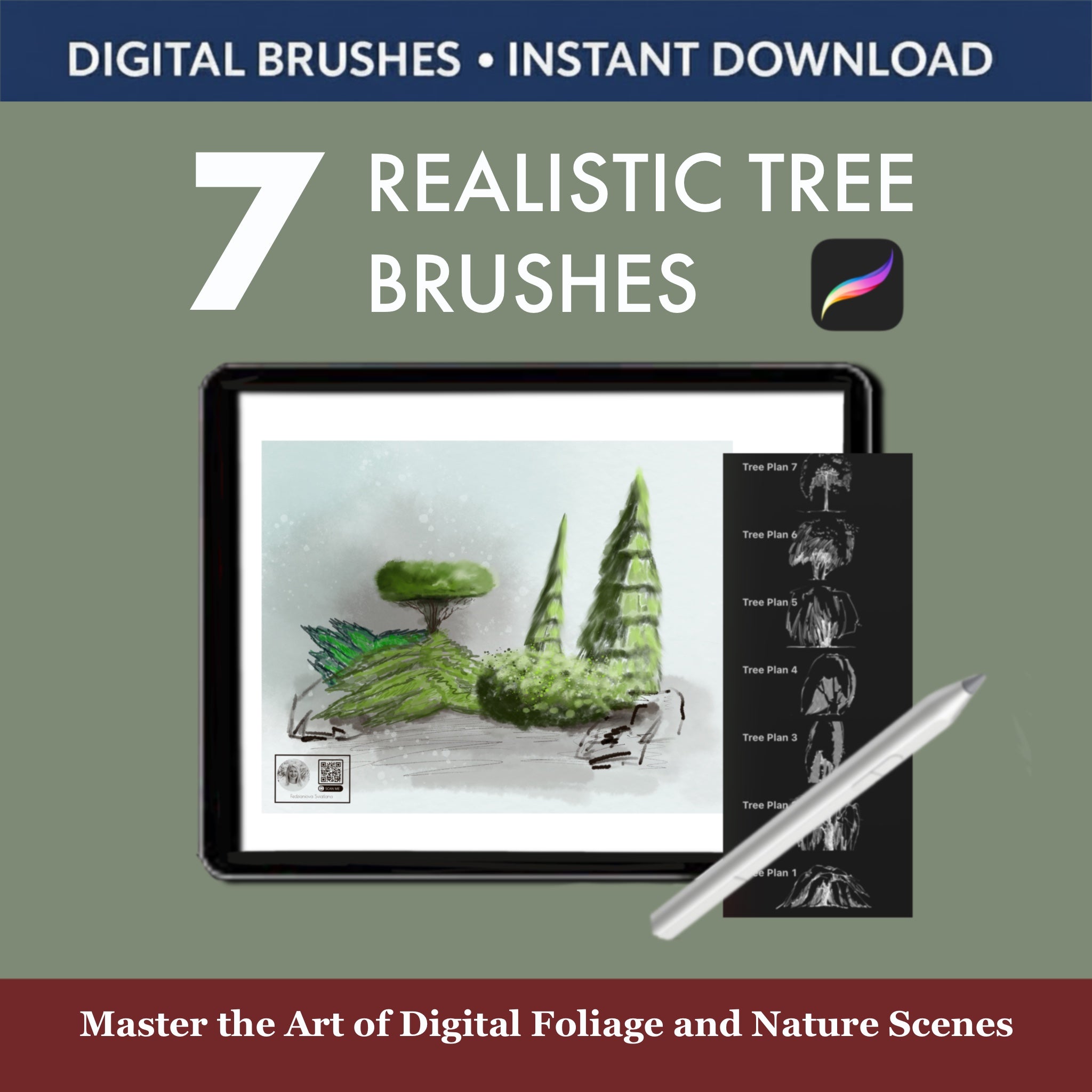 7 Realistic Tree Brushes & Stamps for Procreate: Digital brushes for creating realistic trees in landscape artwork.