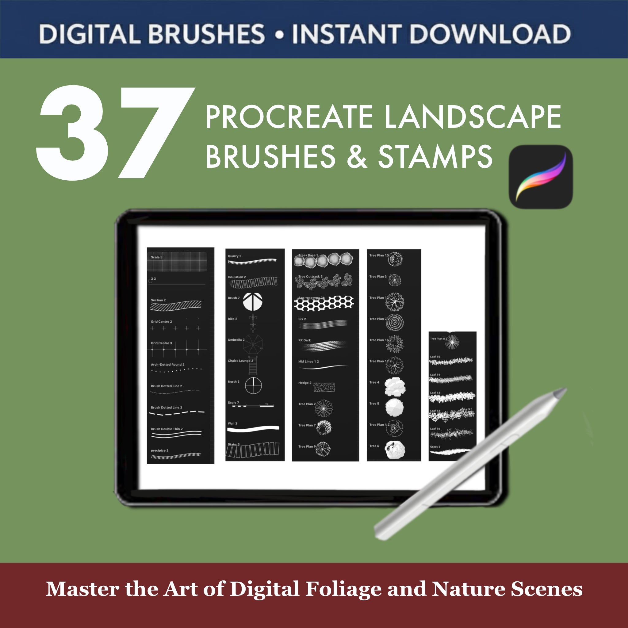 37 Procreate Landscape Brushes & Stamps displayed on an iPad with a stylus, perfect for digital landscape design.
