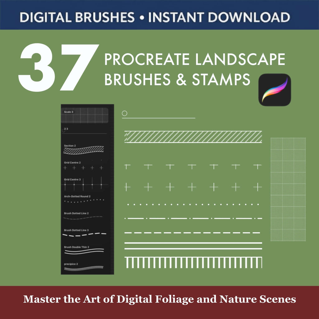 37 Procreate Landscape Brushes & Stamps: Grass, Trees, Foliage Render - Procreate Brush Shop by Sviatlana Fedzianiova