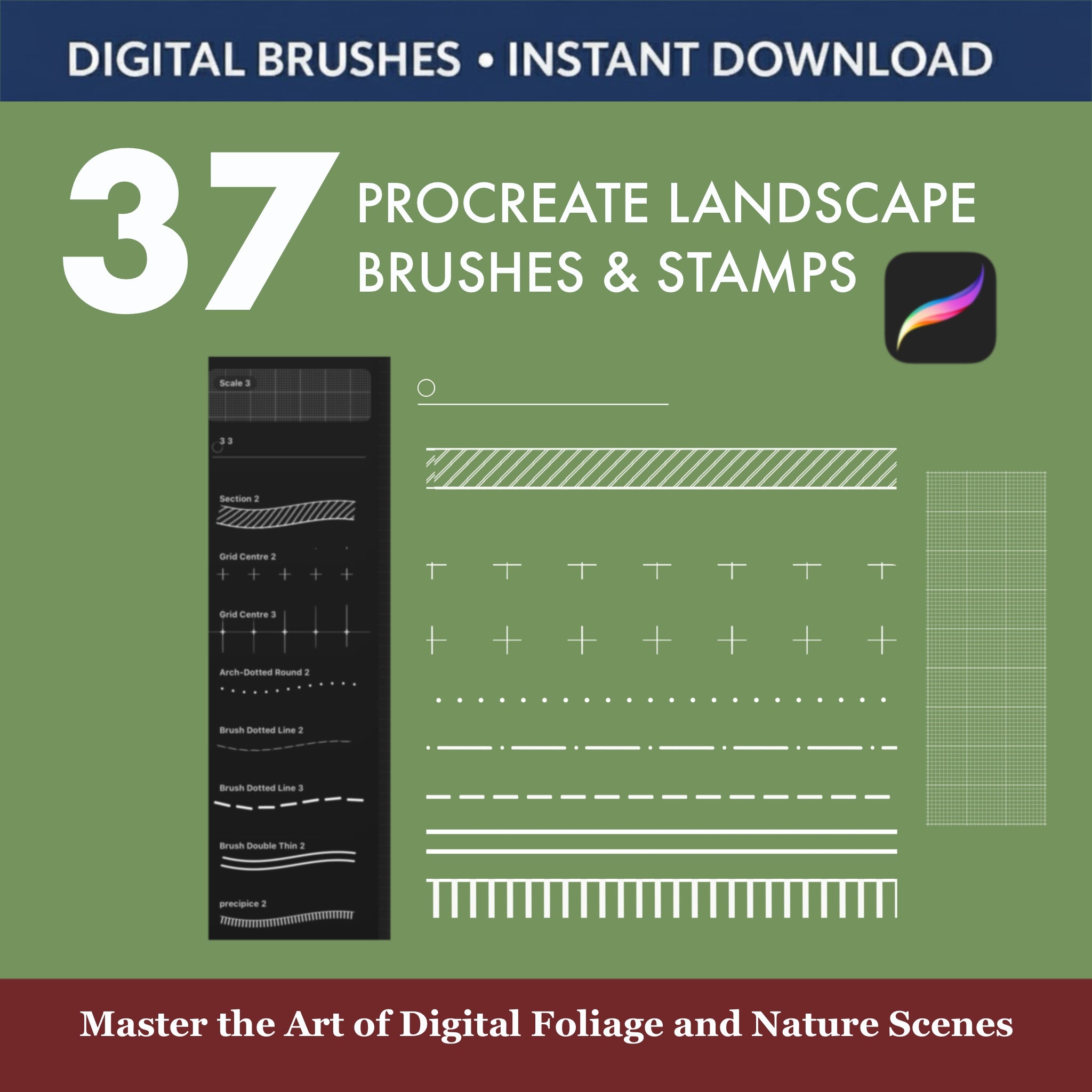 37 Procreate Landscape Brushes & Stamps for digital foliage and nature scene creation.