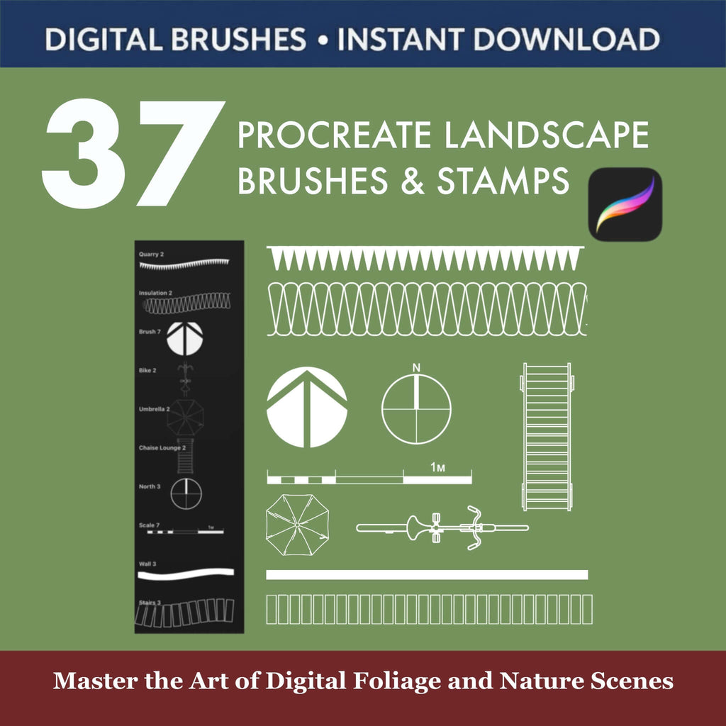 37 Procreate Landscape Brushes & Stamps: Grass, Trees, Foliage Render - Procreate Brush Shop by Sviatlana Fedzianiova