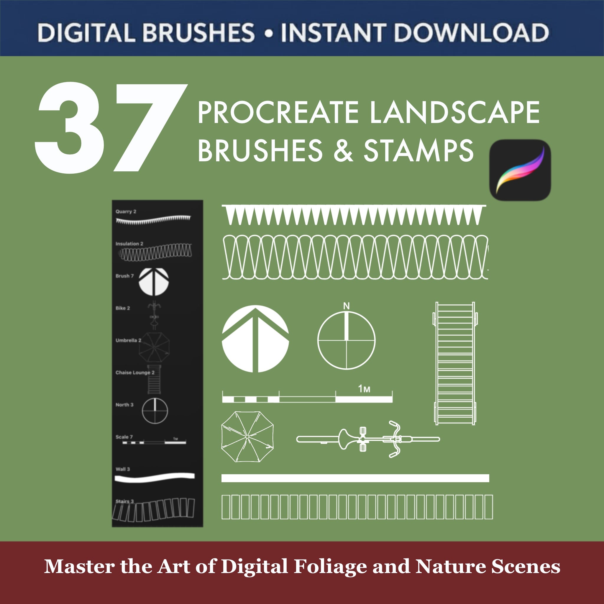 37 Procreate landscape brushes and stamps for professional garden design on iPad