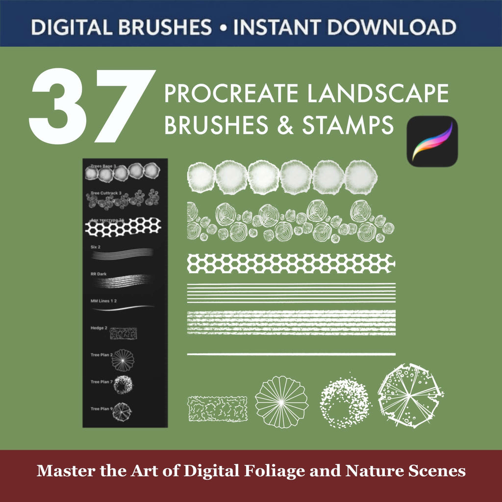 37 Procreate Landscape Brushes & Stamps: Grass, Trees, Foliage Render - Procreate Brush Shop by Sviatlana Fedzianiova