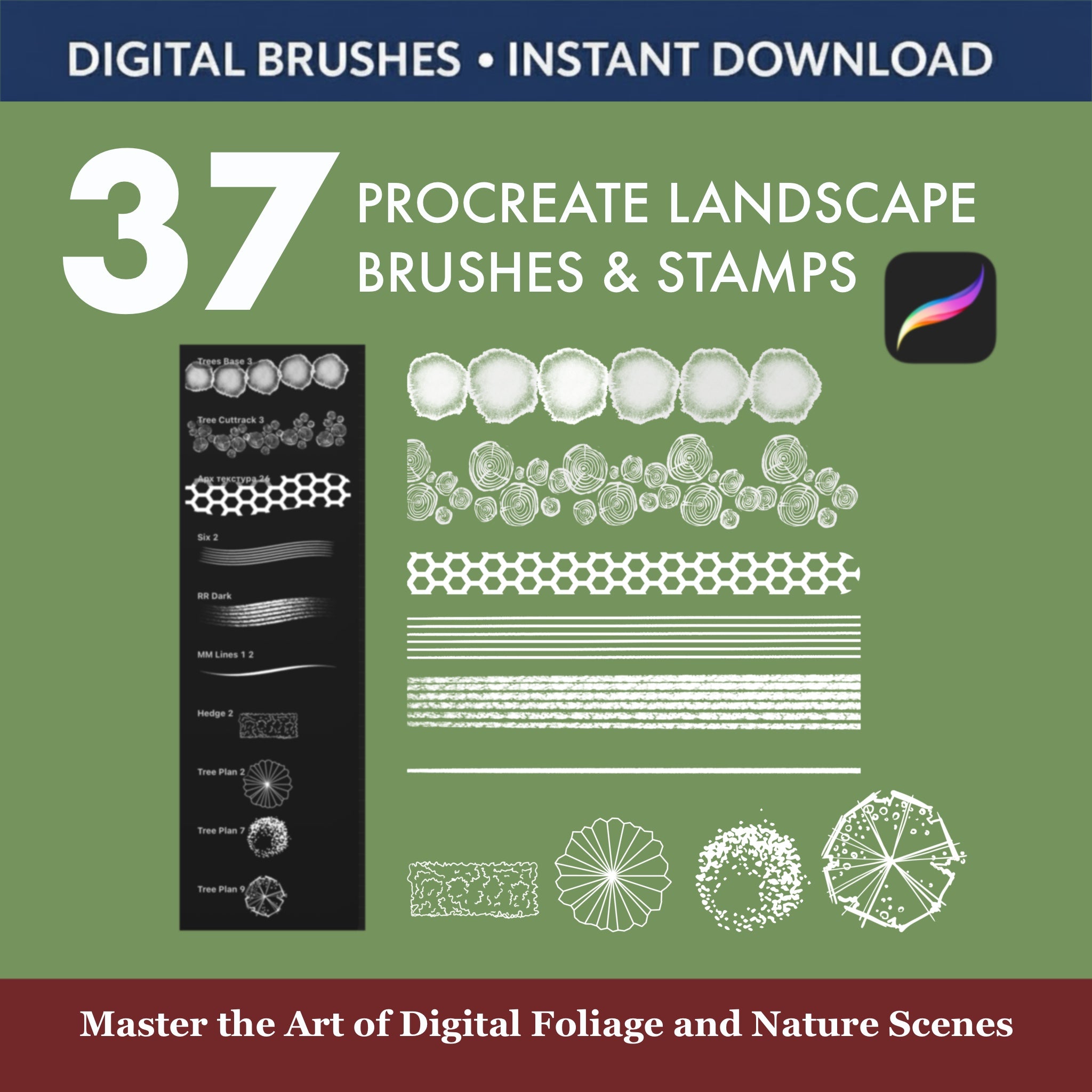 Landscape design Procreate brushes set with tree crowns and scale rulers