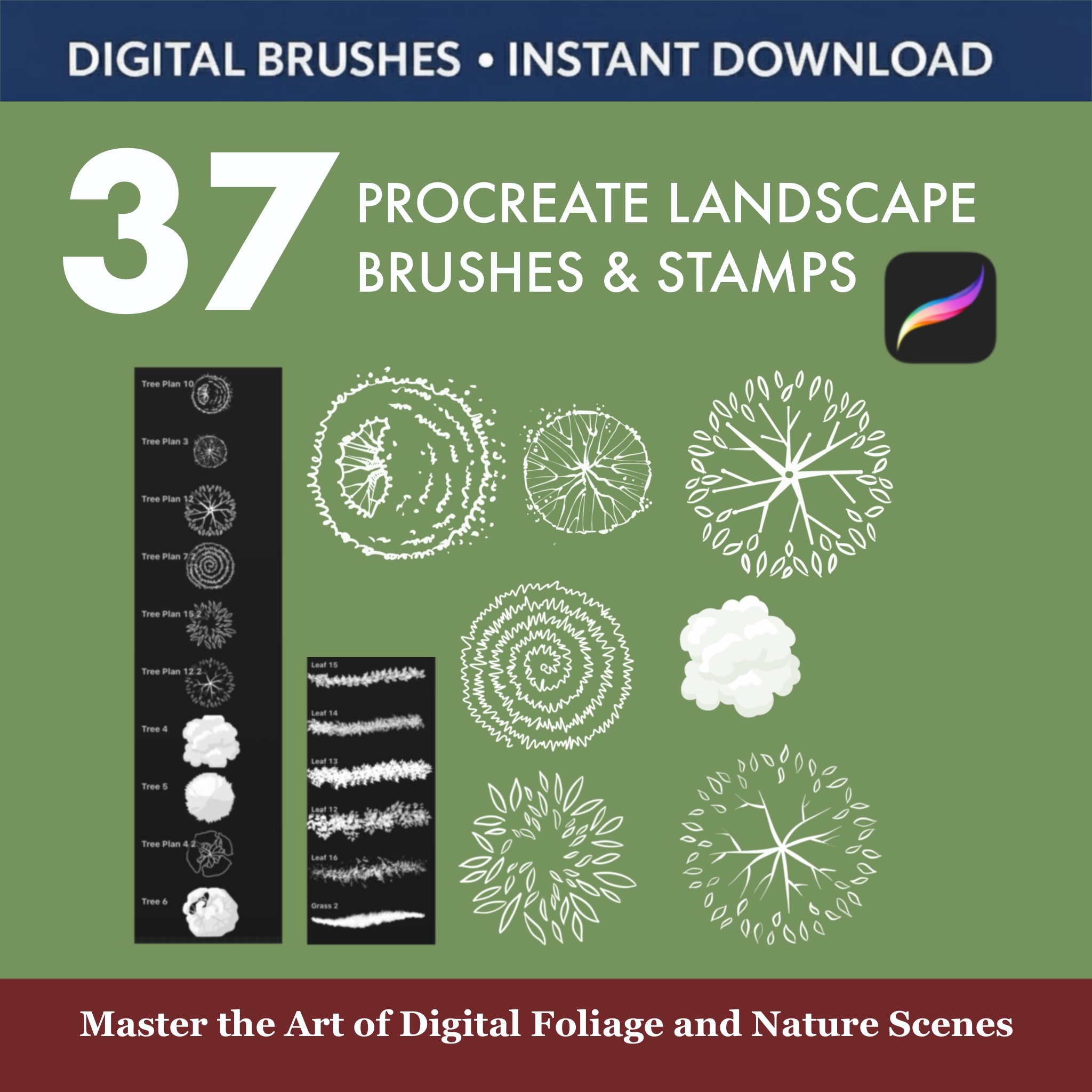 Procreate landscape brushes showing tree top view and elevation stamps