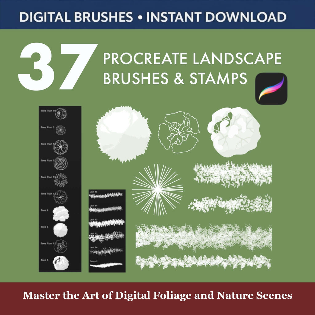 37 Procreate Landscape Brushes & Stamps: Grass, Trees, Foliage Render - Procreate Brush Shop by Sviatlana Fedzianiova