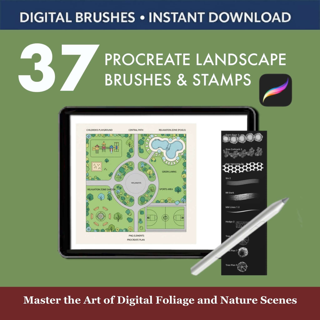 37 Procreate Landscape Brushes & Stamps: Grass, Trees, Foliage Render - Procreate Brush Shop by Sviatlana Fedzianiova
