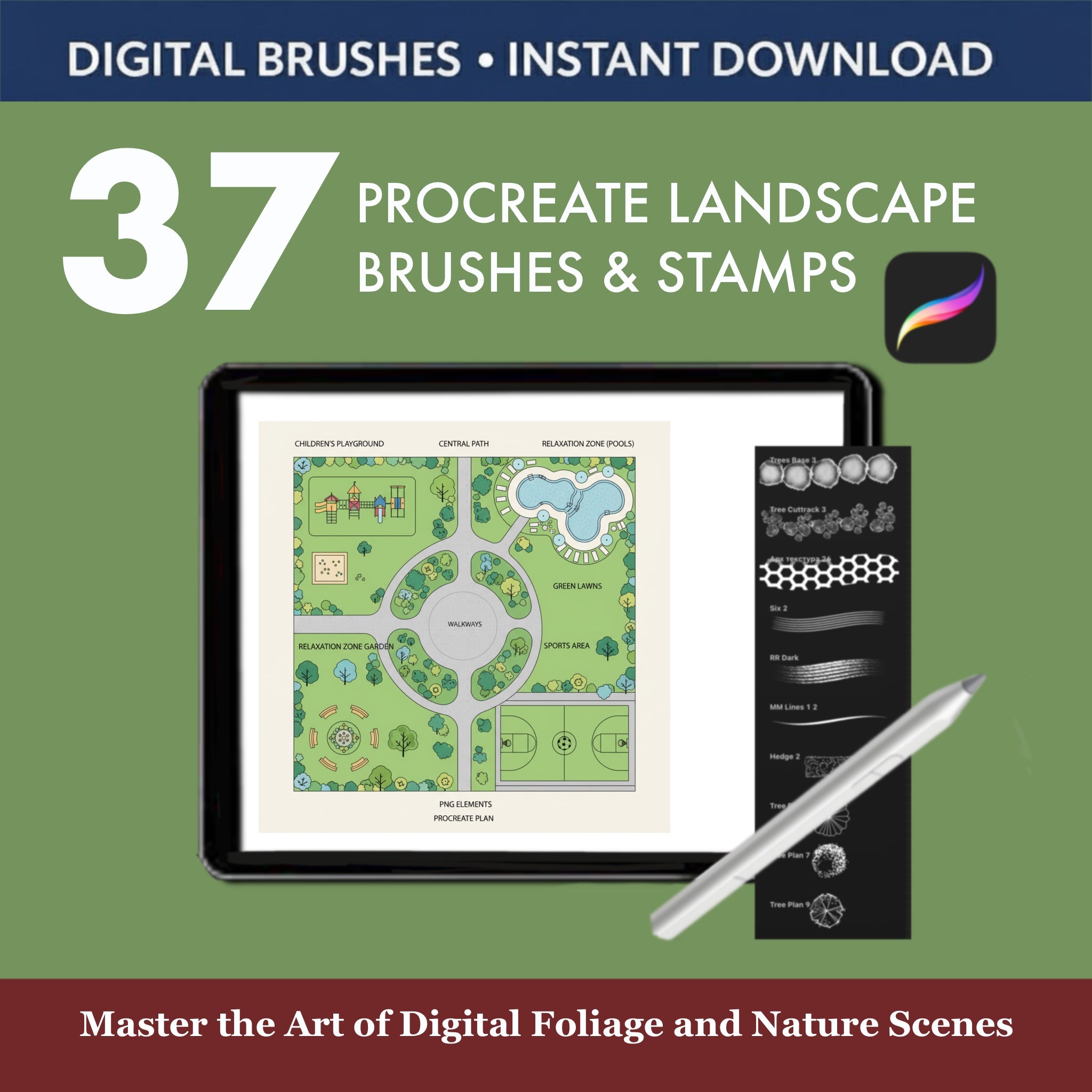Ground cover and leaf border brushes set for Procreate landscape art