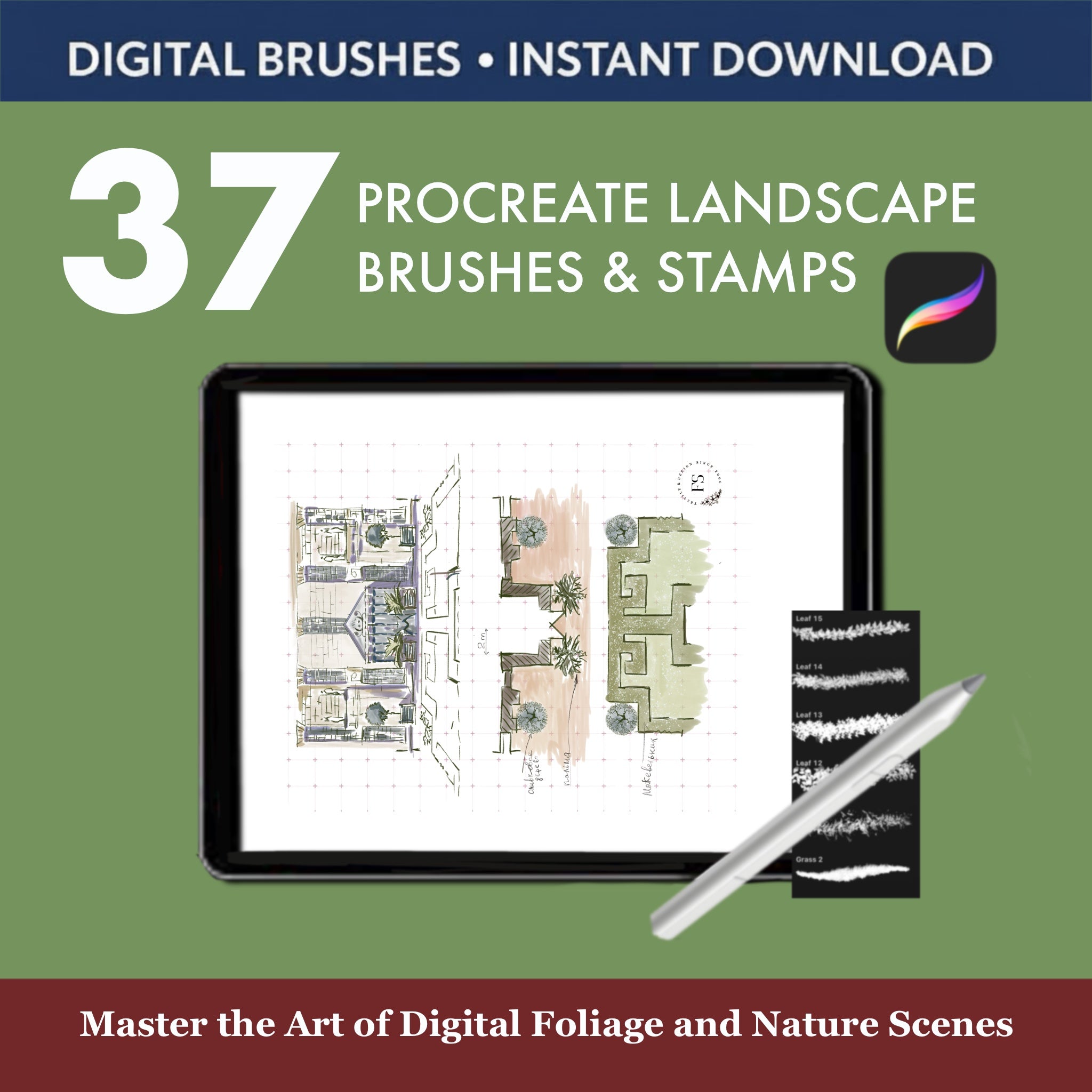 Grass, trees and foliage brushes for Procreate landscape painting on iPad
