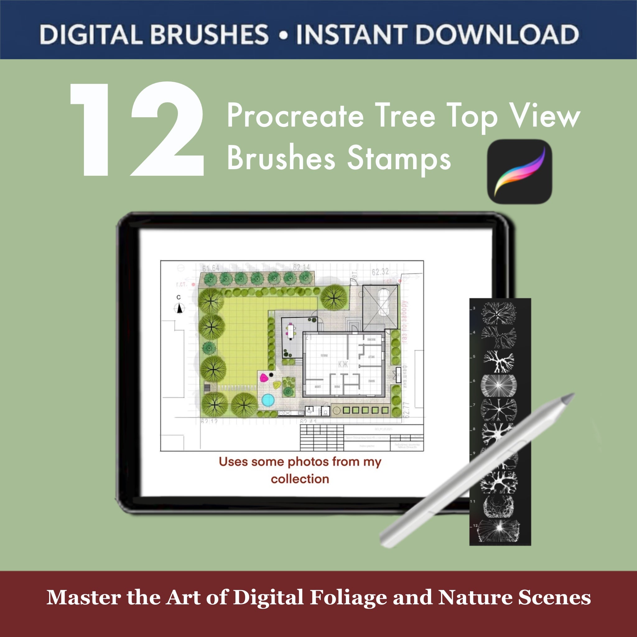 Procreate landscape design stamps with different tree crown shapes and sizes