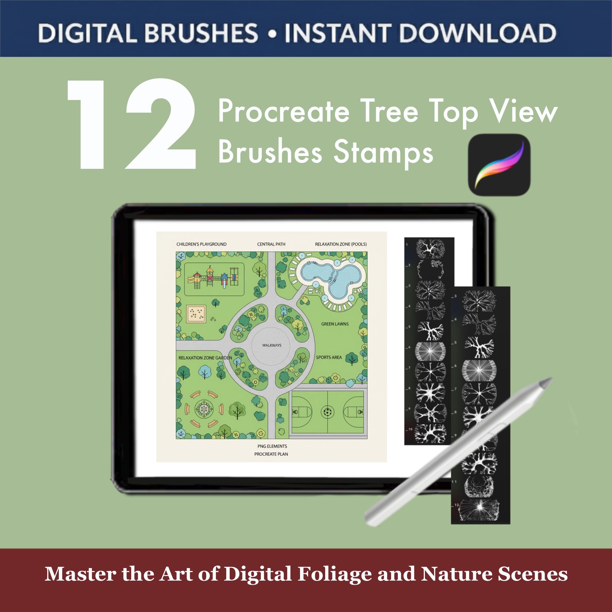 Garden planning example using Procreate tree top view brushes and stamps