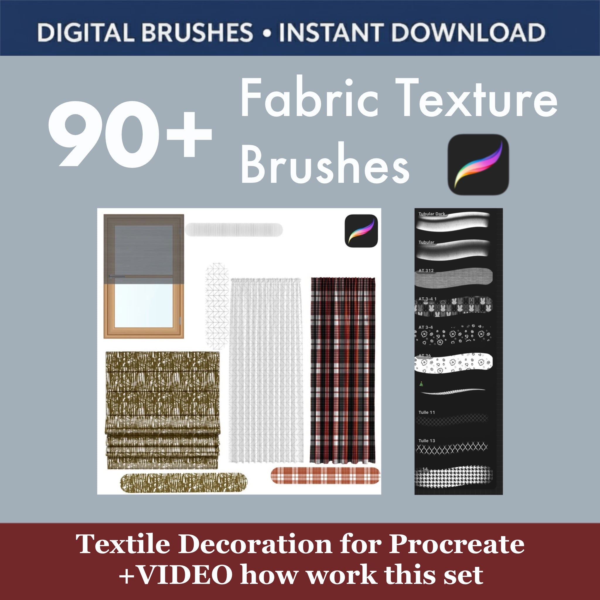 Procreate fabric texture brushes set showing how to combine patterns with color for textiles
