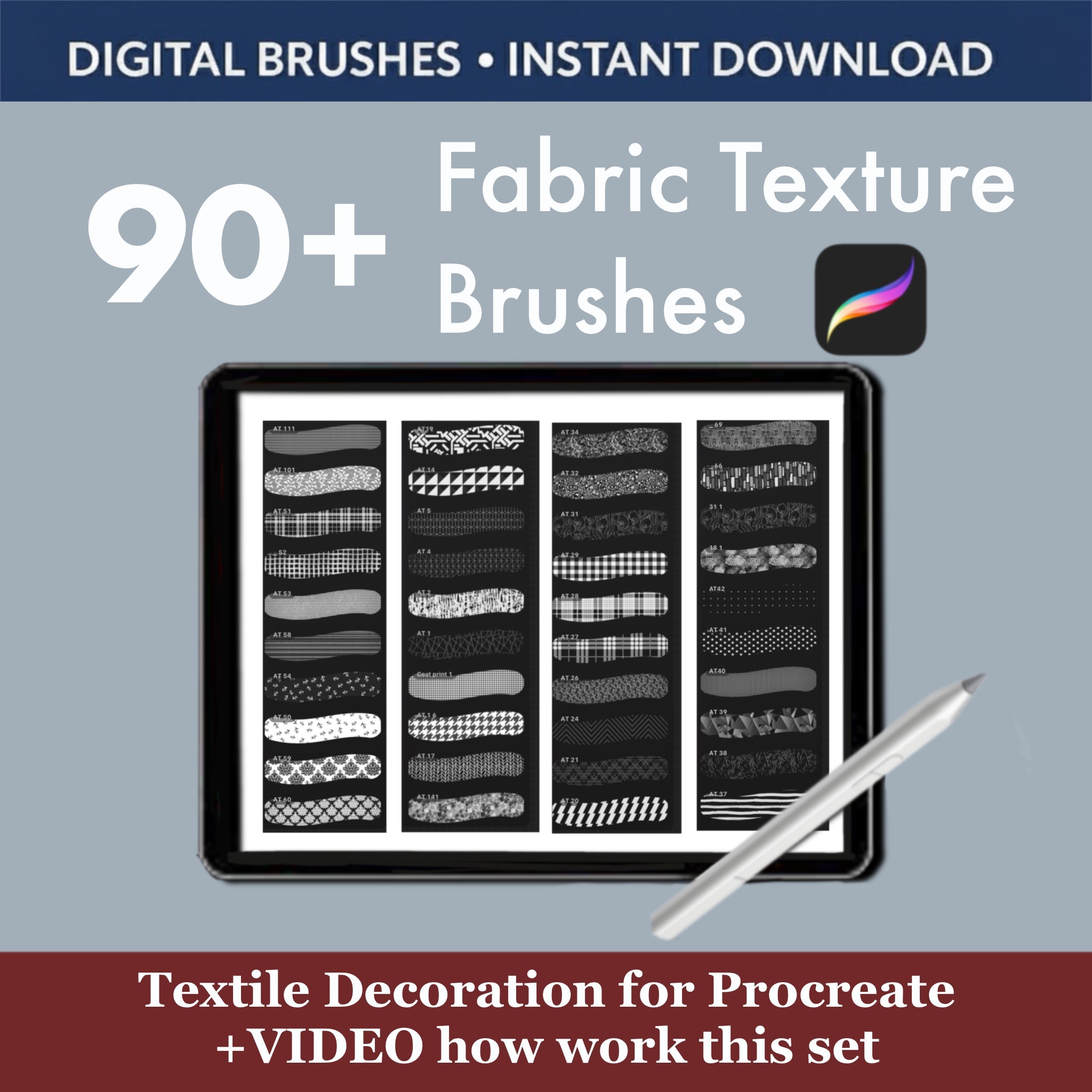 90 plus fabric texture brushes for Procreate with video tutorial for textile decoration