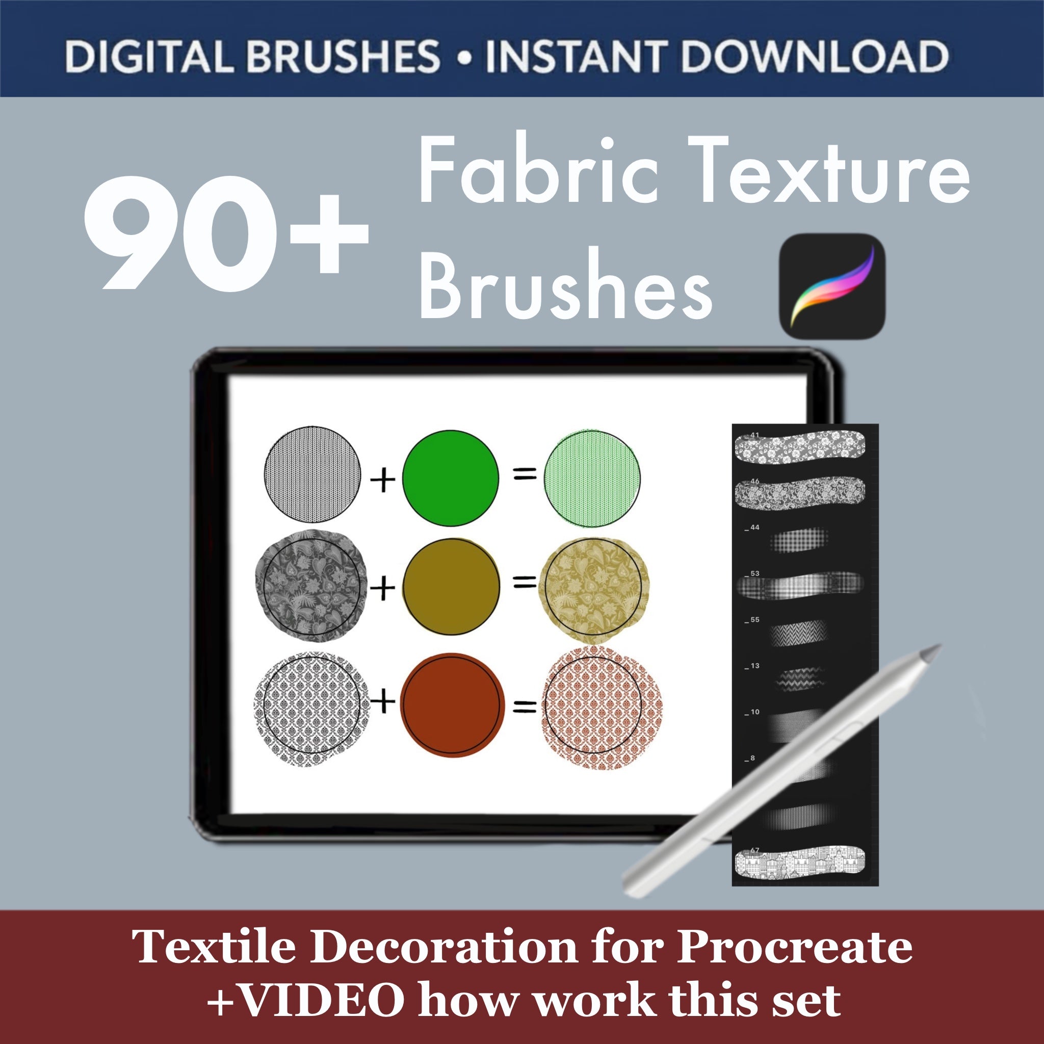 Procreate textile brushes preview with pleated curtain textures on iPad screen