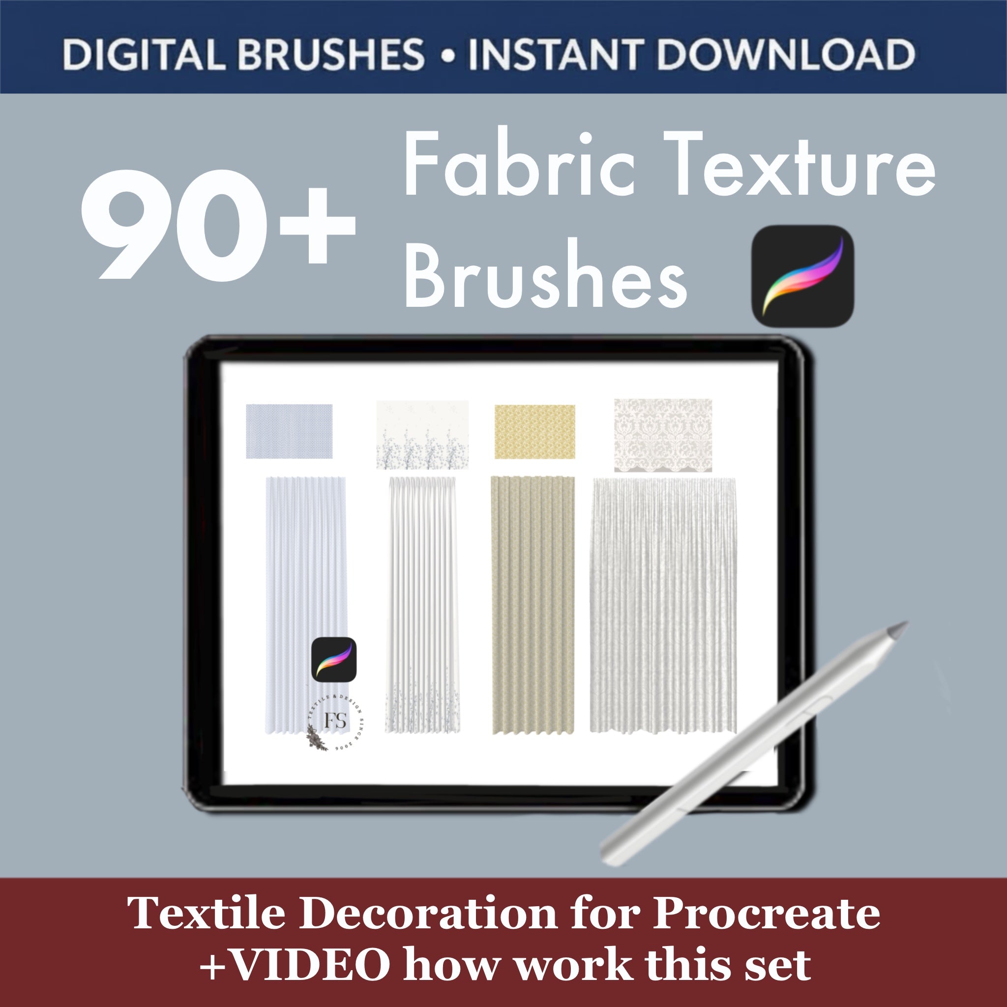 Procreate fabric texture brushes compatible with iPad and iPhone with video tutorial and instant download