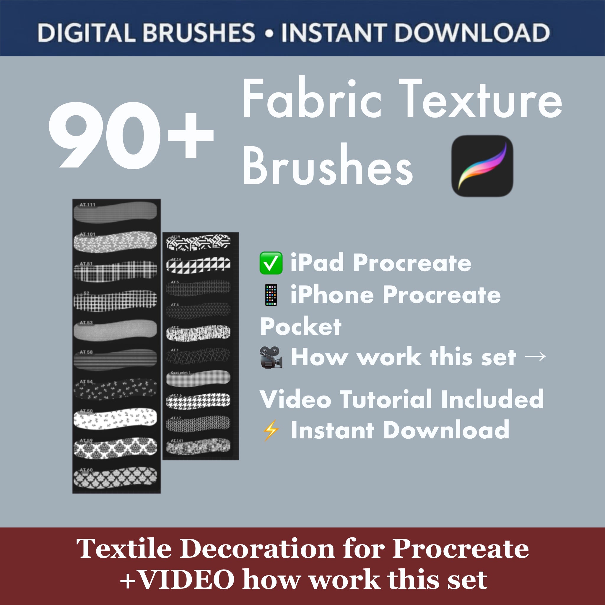Full preview of 90 fabric texture brushes and patterns for Procreate on iPad