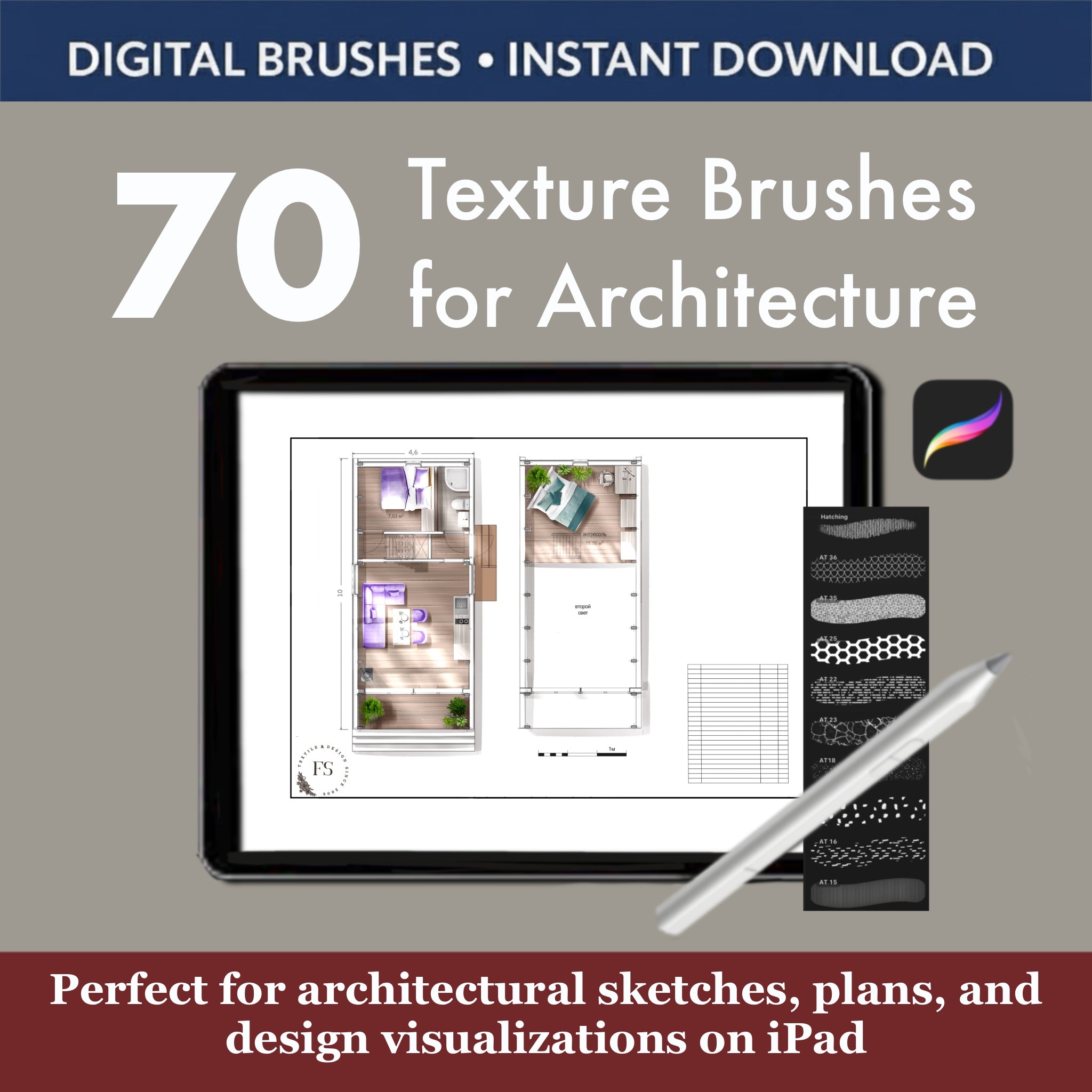 Architecture and interior sketches using 70 Procreate texture brushes for realistic rendering