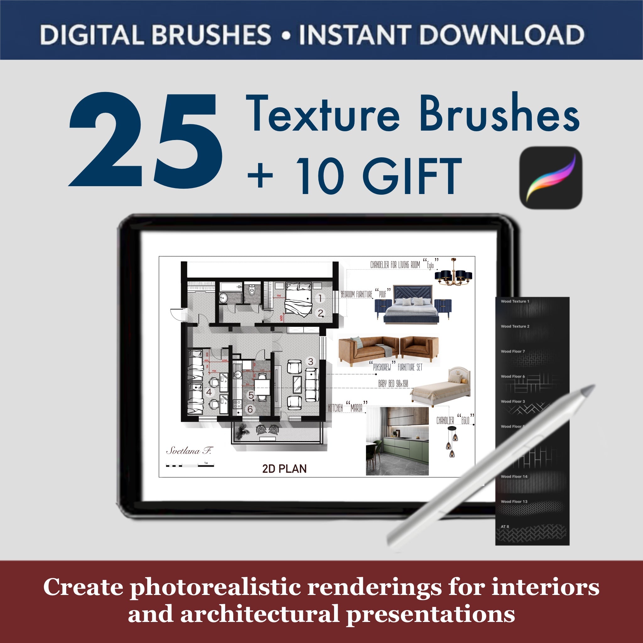 Architecture plan with Procreate texture brushes wood metal glass surfaces