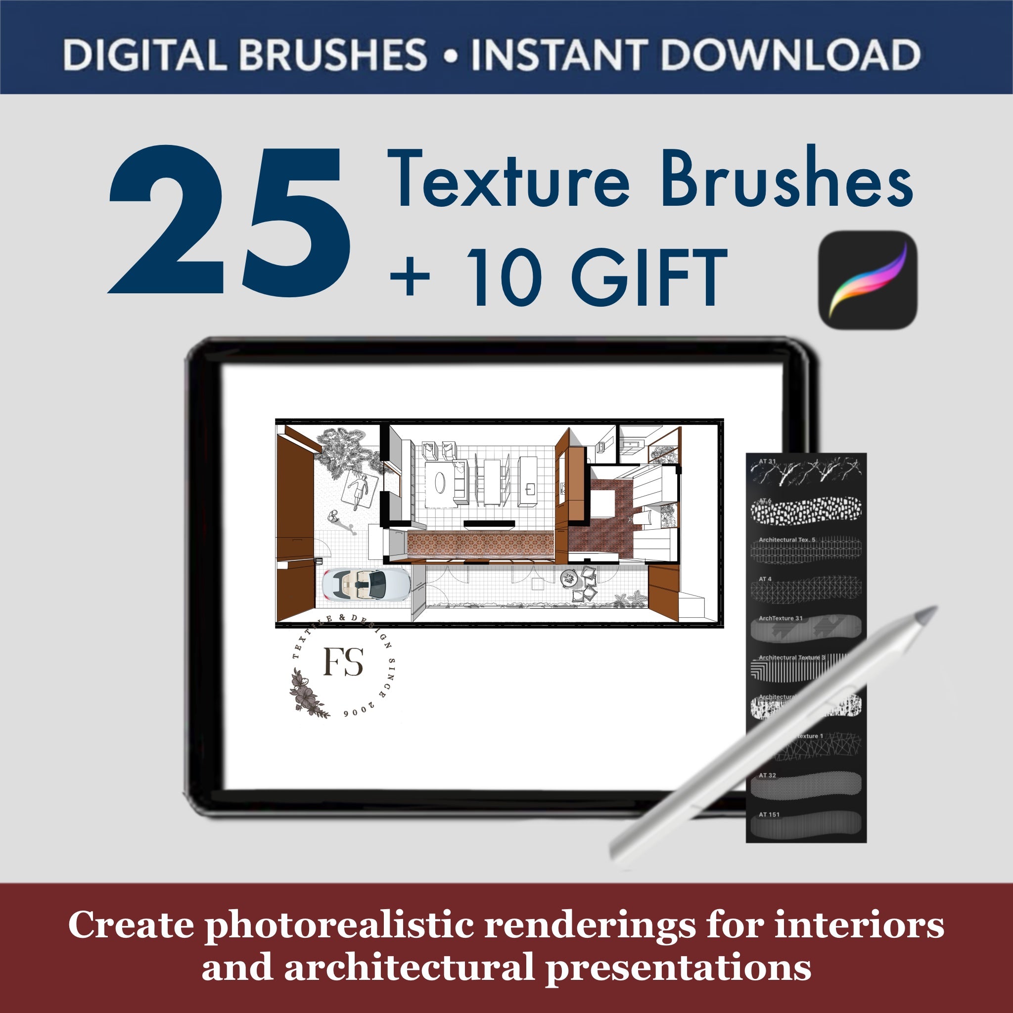 Procreate texture brush collection for professional architectural rendering