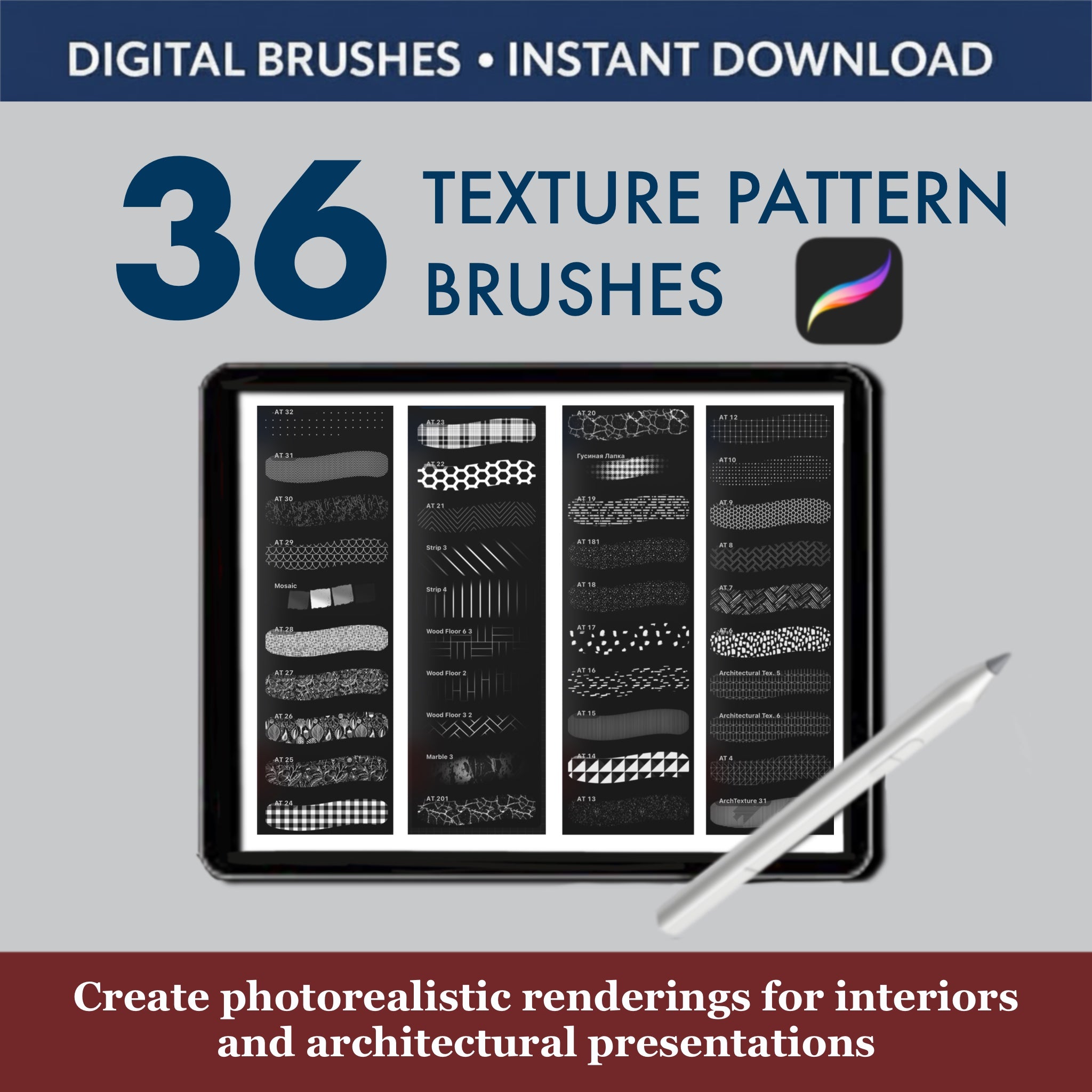 Procreate material visualization brushes concrete wood brick fabric examples