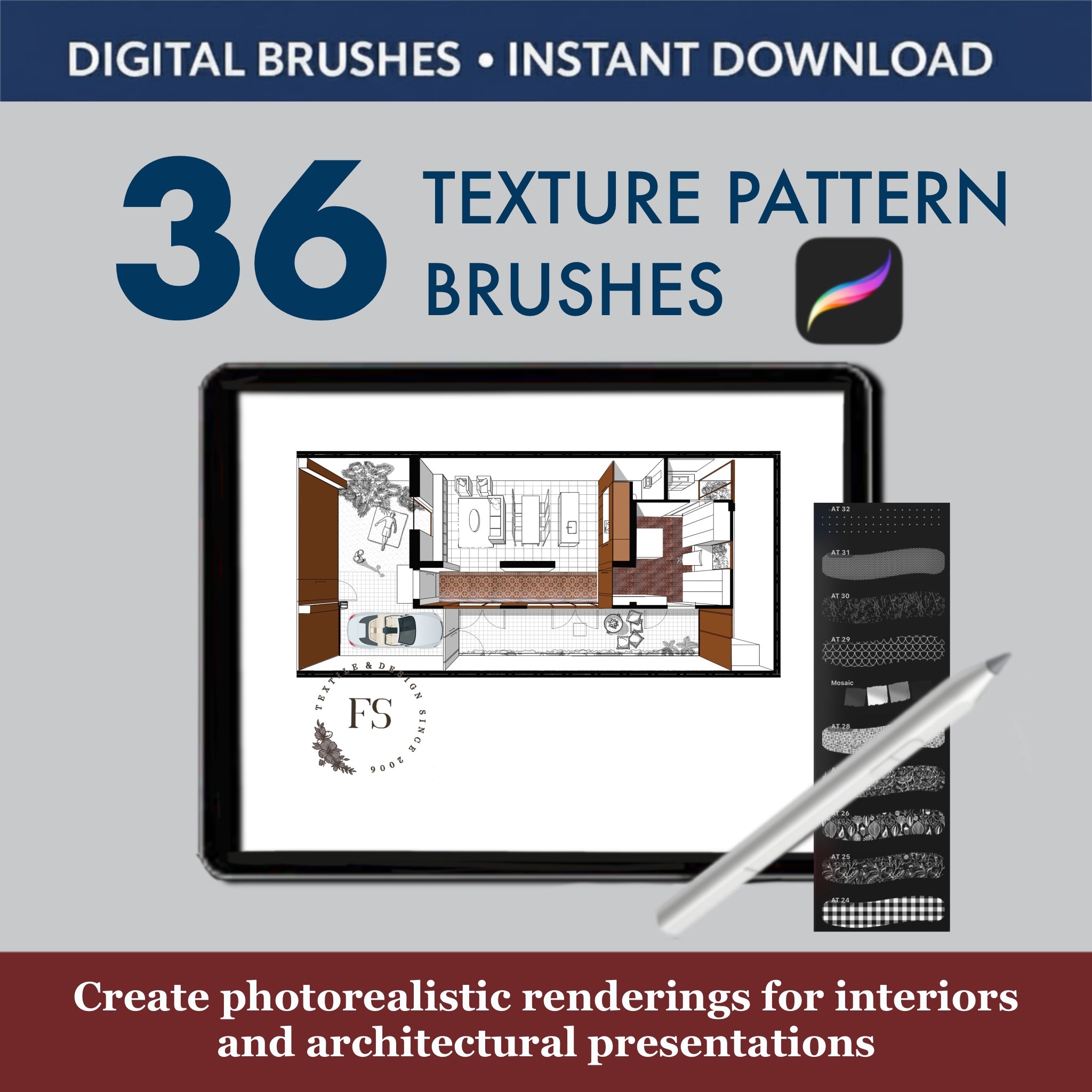Procreate texture brush collection for professional architectural rendering