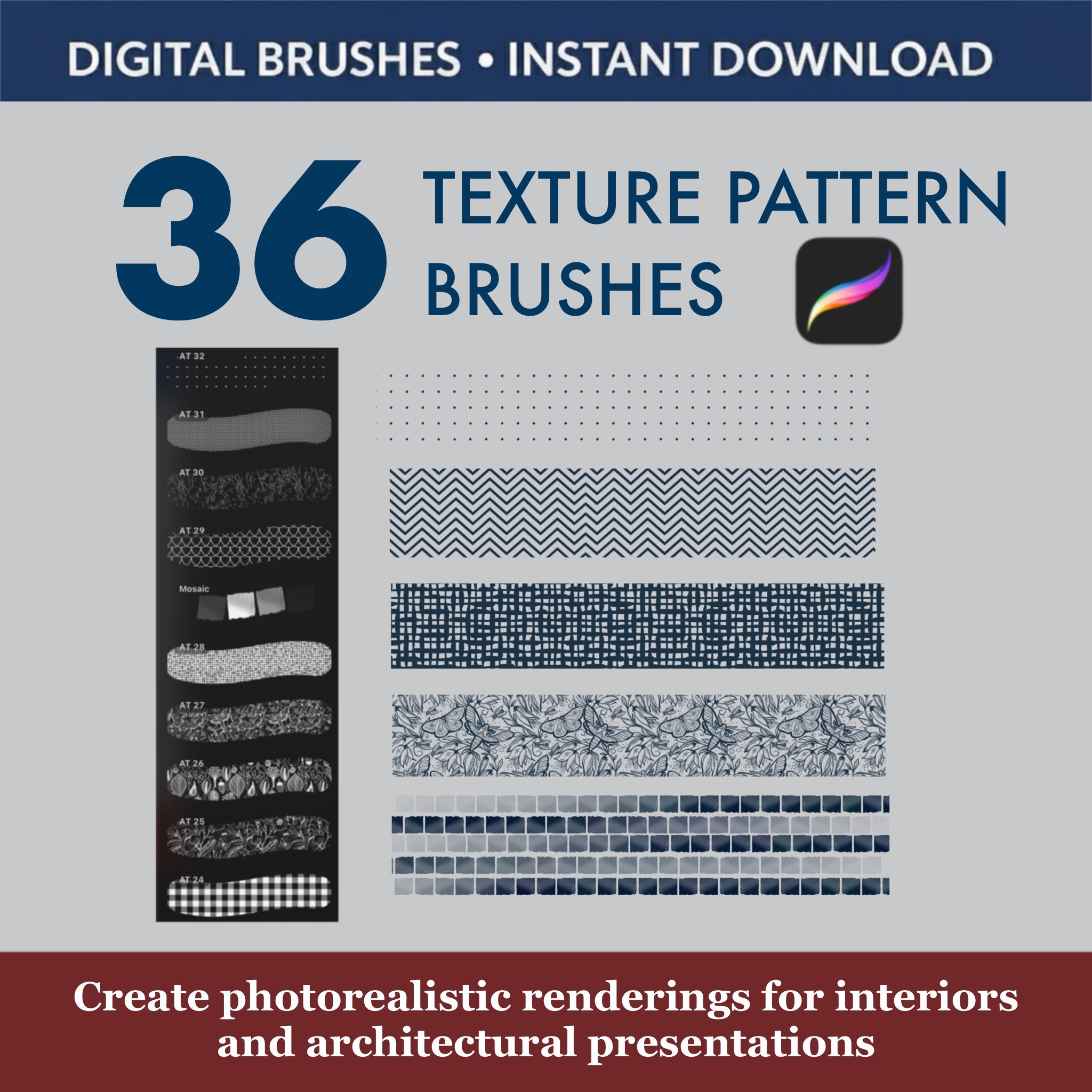 Architecture plan with Procreate texture brushes wood metal glass surfaces