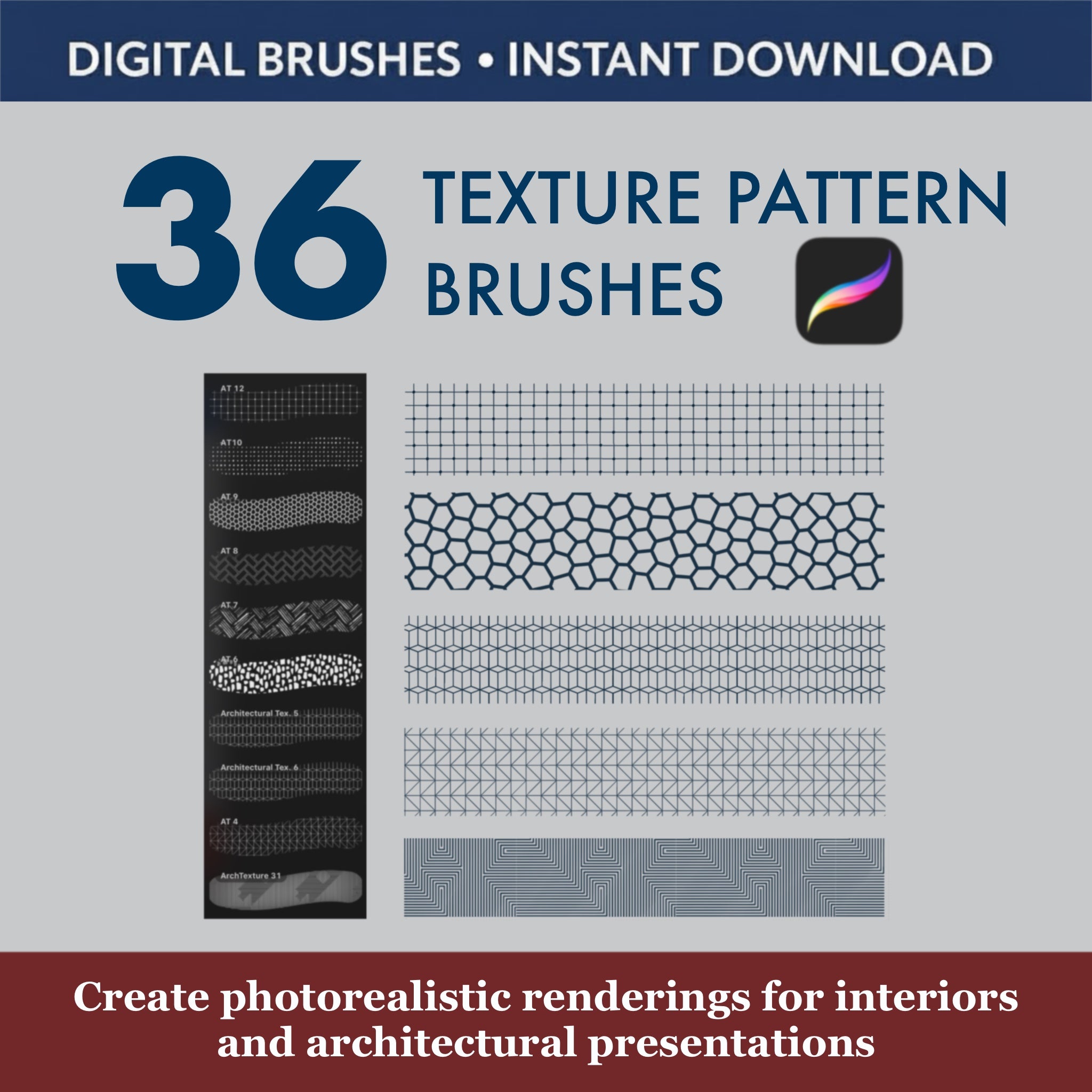 Procreate interior design texture brushes demonstrating seamless pattern application