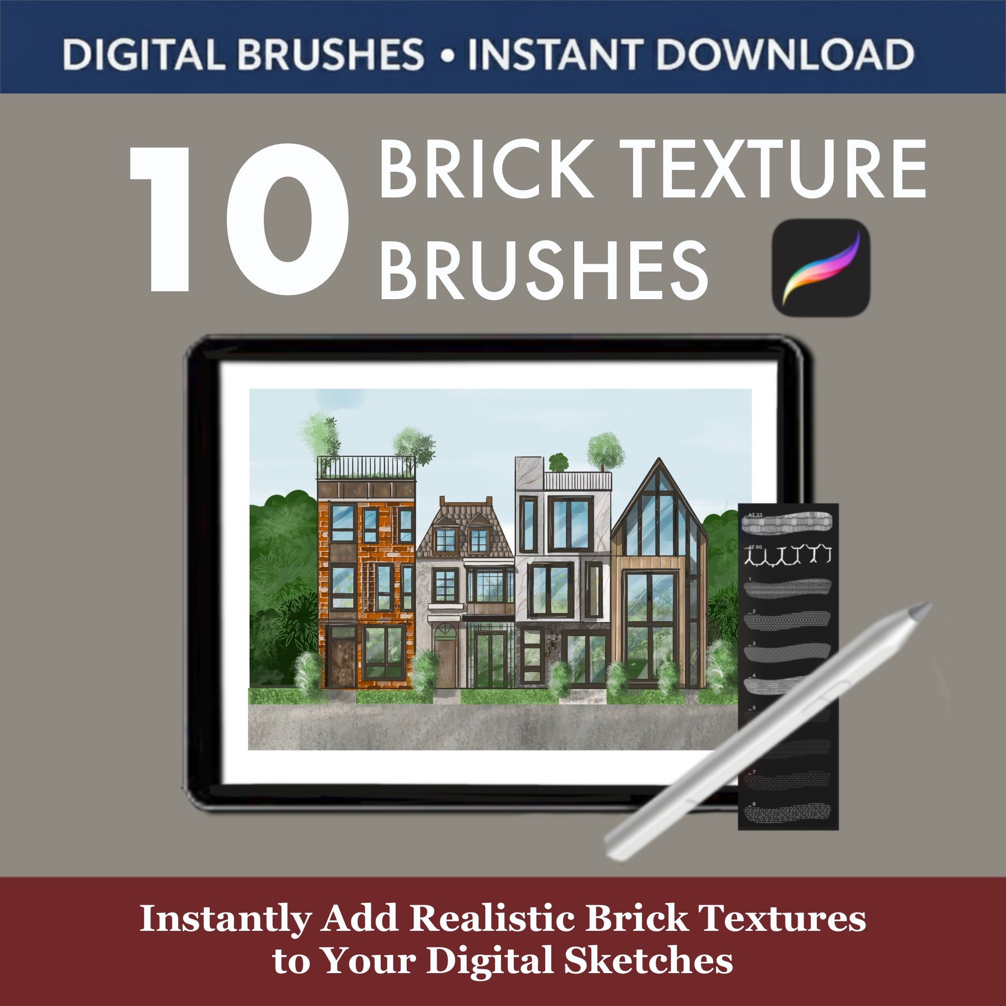 Test different brick styles in one compact Procreate set. Mixed wall textures for fast moodboards, client presentations and quick architectural interior sketches.