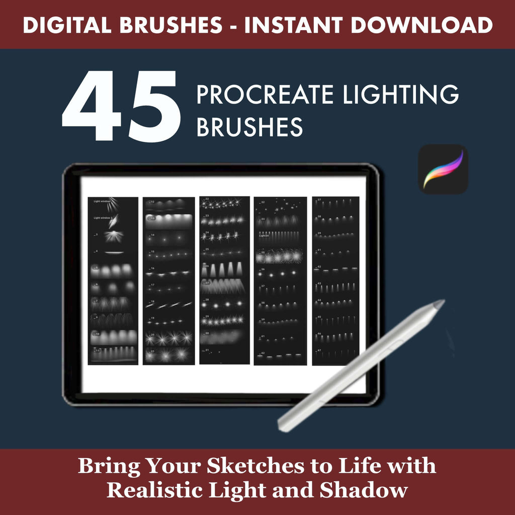 89 Procreate Lighting Brushes: Complete Bundle showcasing 45 digital brushes for realistic light and shadow in architectural designs Procreate Brush Shop by Sviatlana Fedzianiova