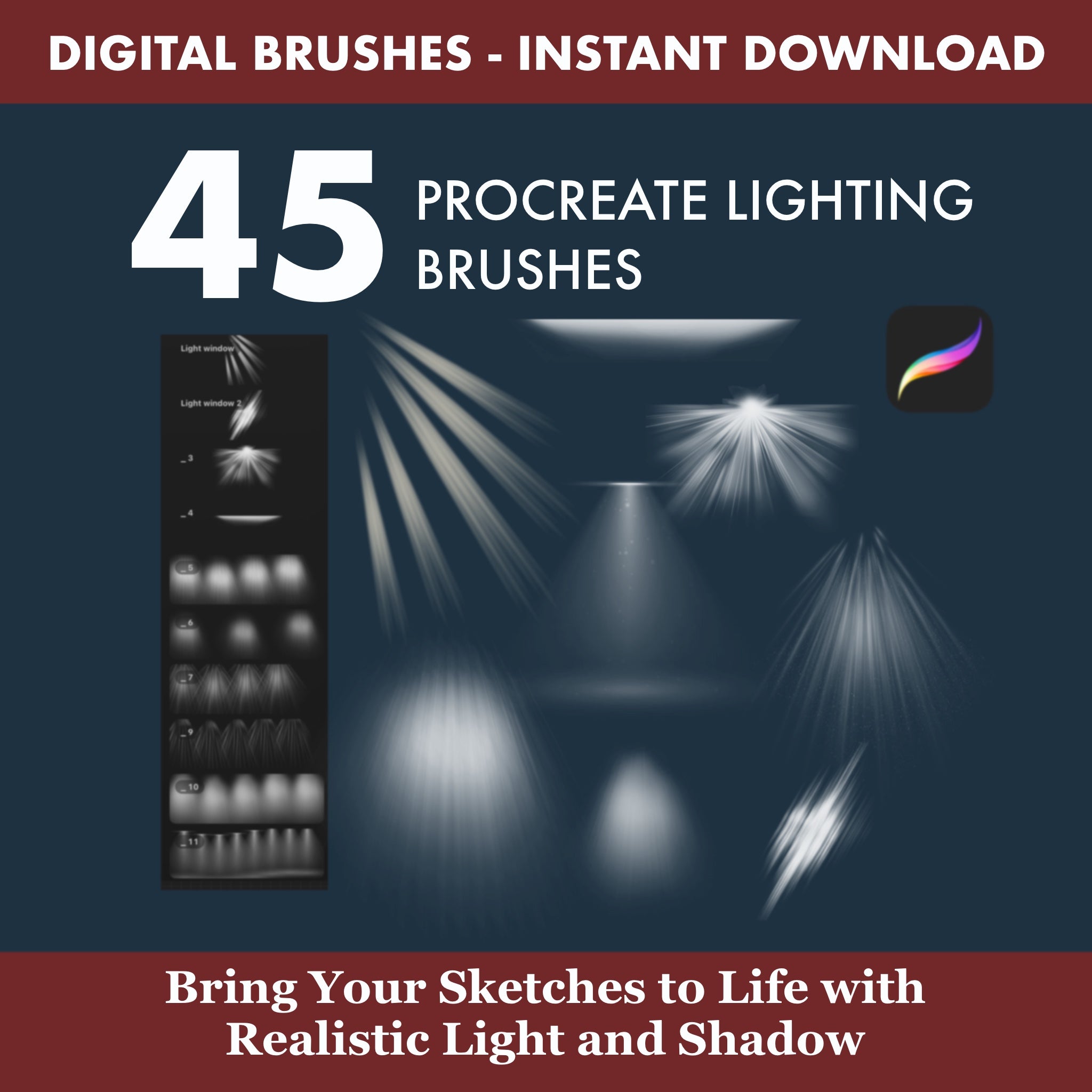 Spotlight and lamp effects Procreate spotlight brushes for ceiling lamps, wall sconces and focused interior lighting in architectural sketches