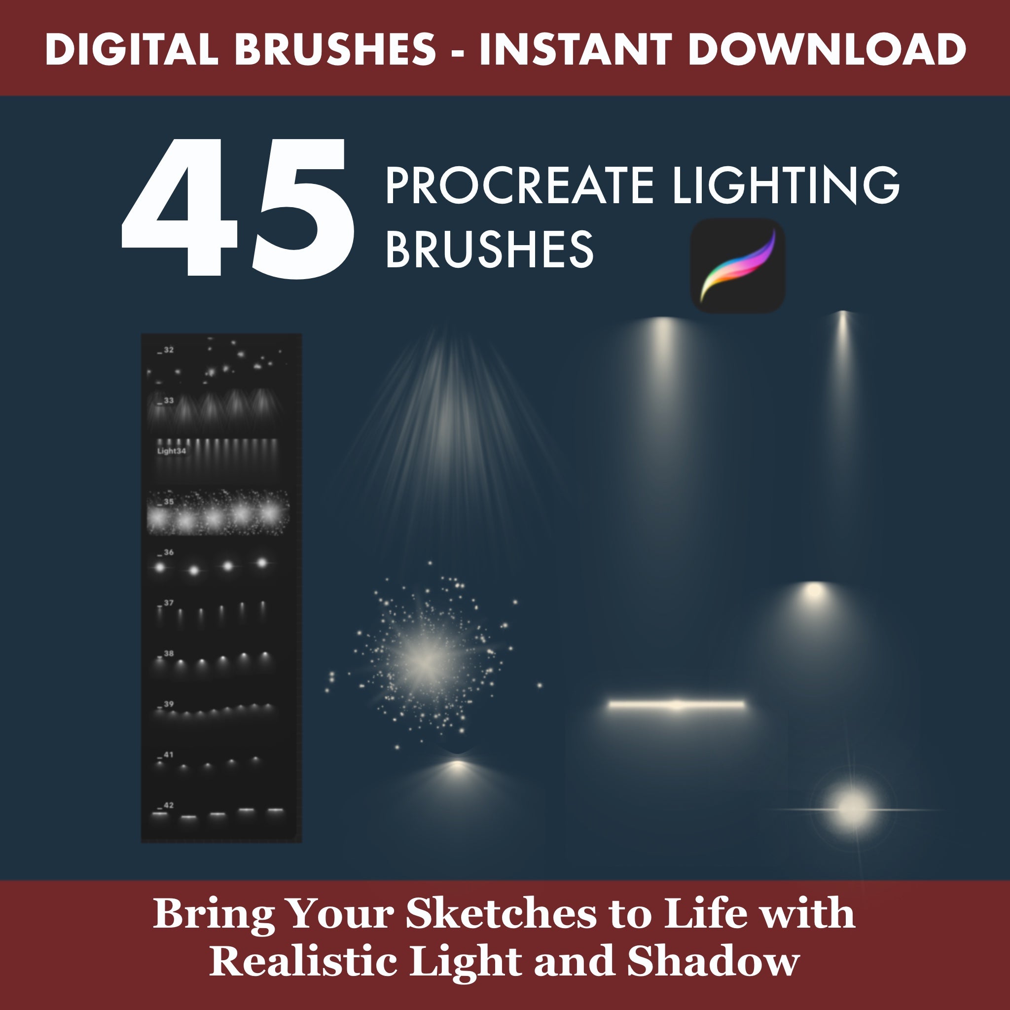 Complete Procreate illumination set 45 Procreate lighting brushes and stamps for fast architectural illumination, interior design and digital art rendering