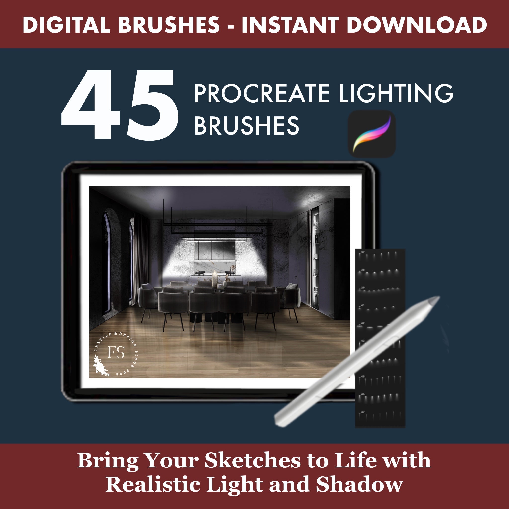 Neon and signage glow Neon glow Procreate brushes for signs, LED strips and atmospheric retail or hospitality concepts.