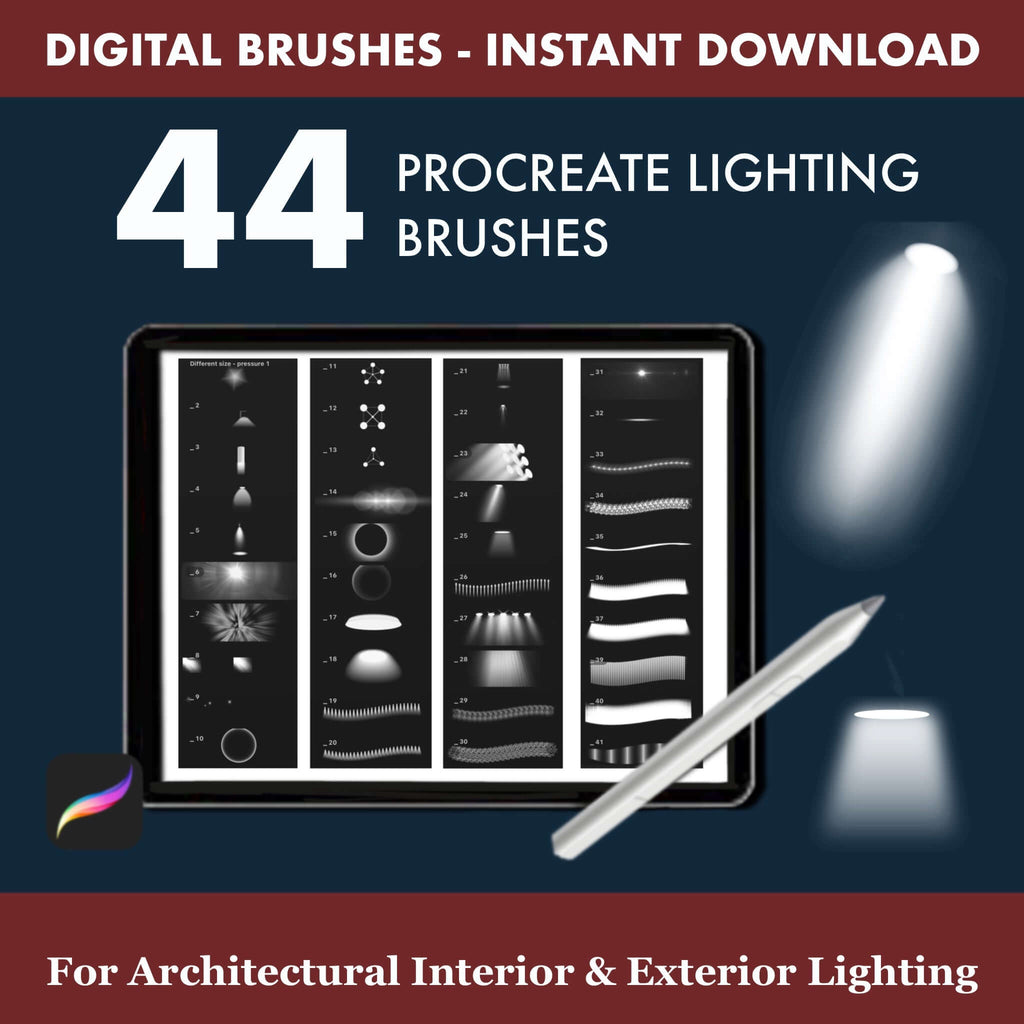 89 Procreate Lighting Brushes showcasing a digital toolkit for architectural and interior design lighting Procreate Brush Shop by Sviatlana Fedzianiova